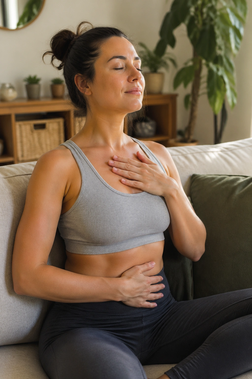 Person doing a five-minute stress reset in a living room.