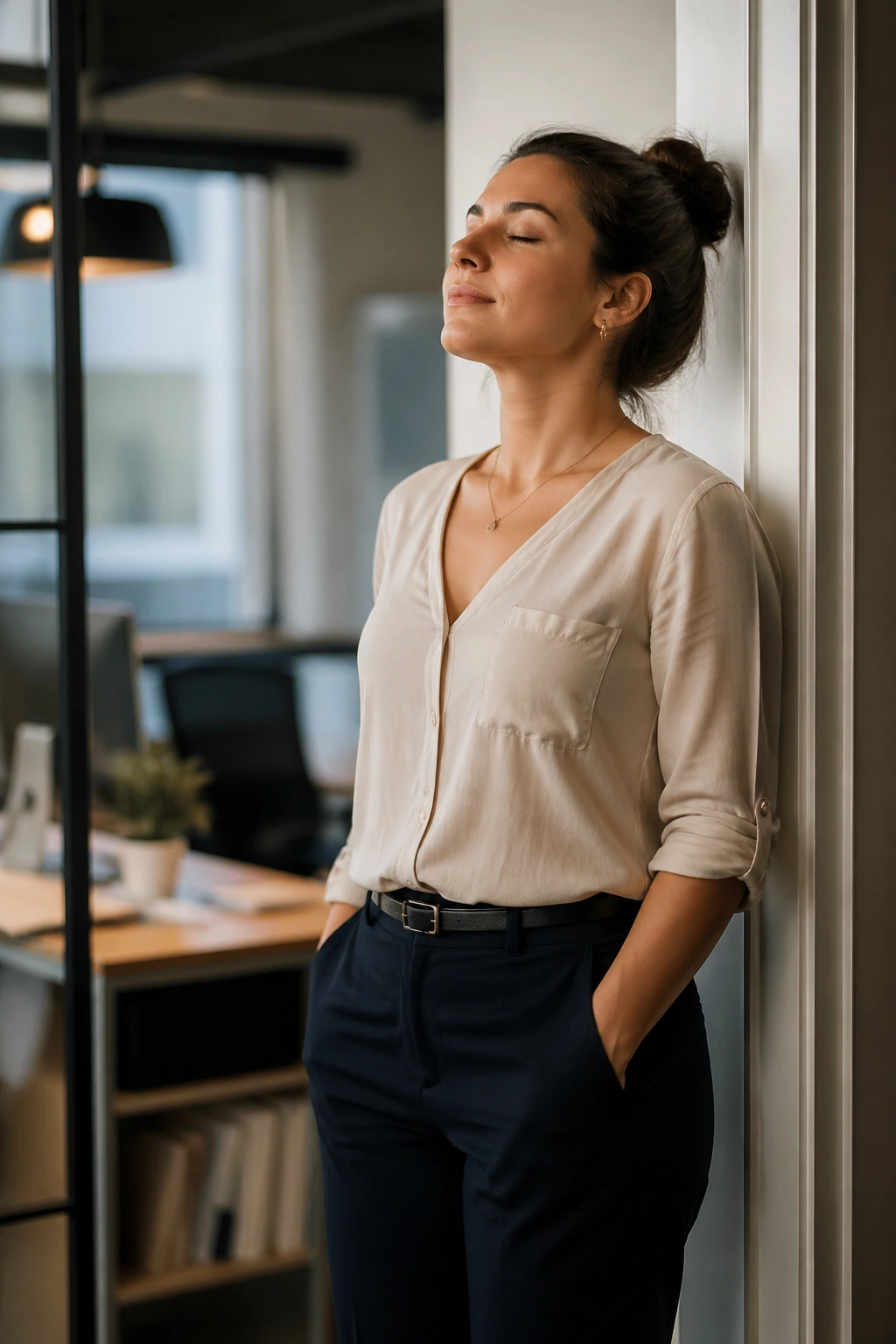 Person stepping away from desk to take a deep breath and reset