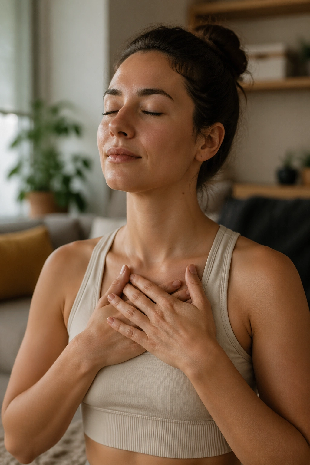 Portrait of a real person practicing a daily stress-relief habit in a calm room.