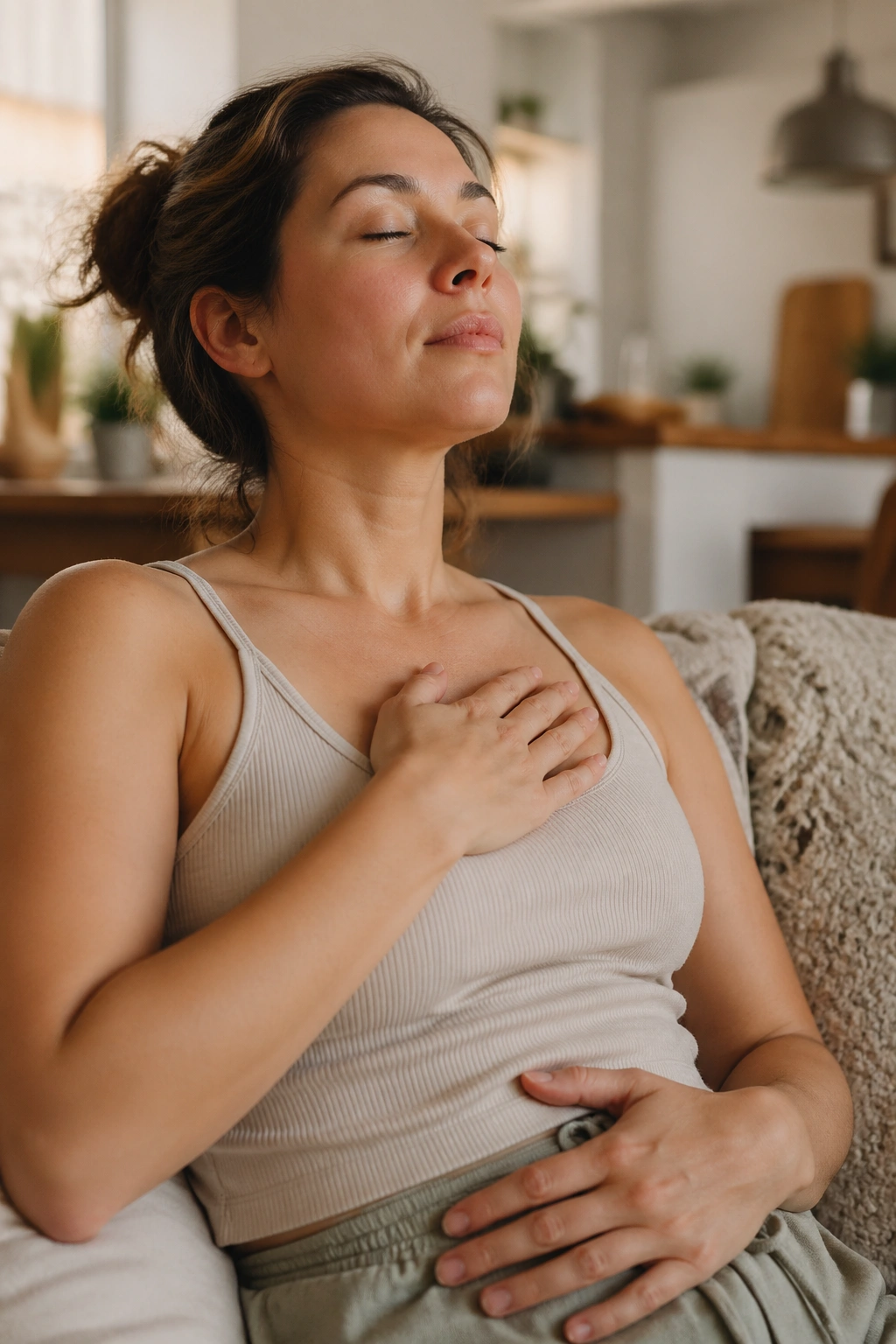 Woman relaxing at home practicing stress relief