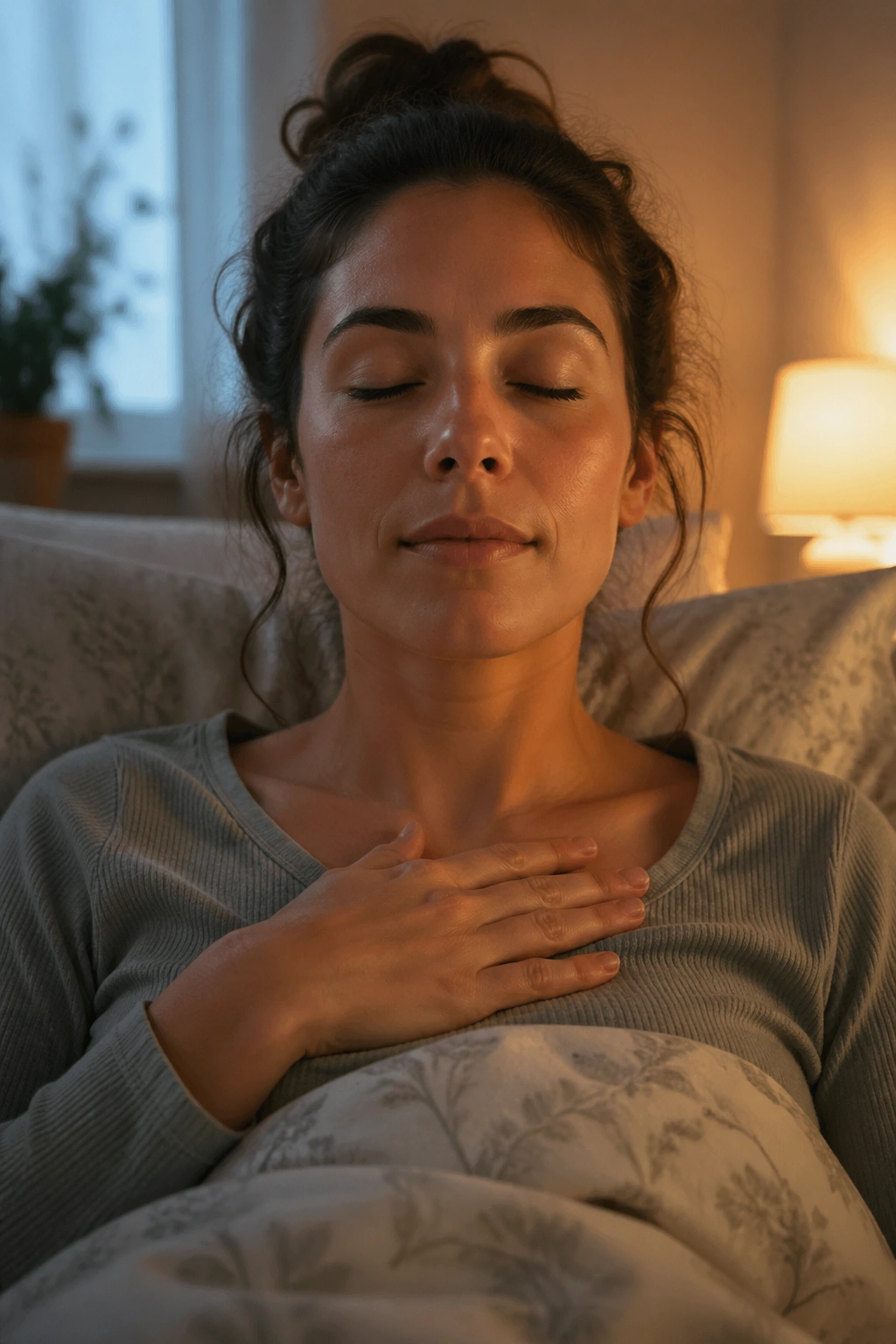 Person in bed practicing calm breathing before sleep