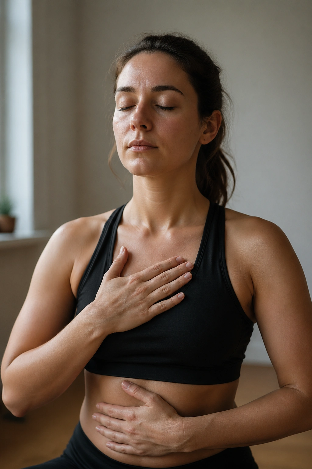 Person calmly breathing in a quiet room to manage stress