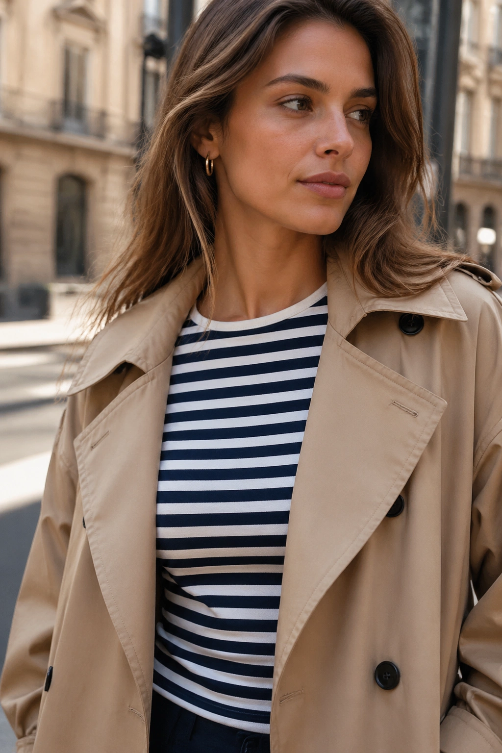 Close-up of real person wearing navy striped top under trench coat on an urban street