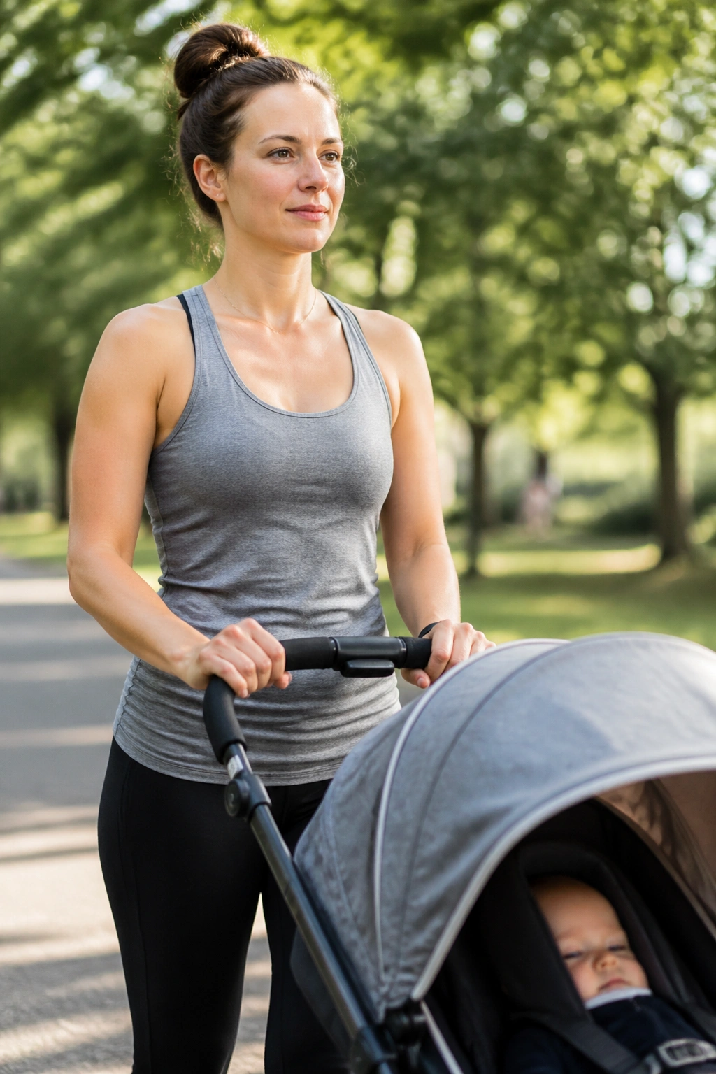Real mom pushing stroller on sunlit park path emphasizing upright posture