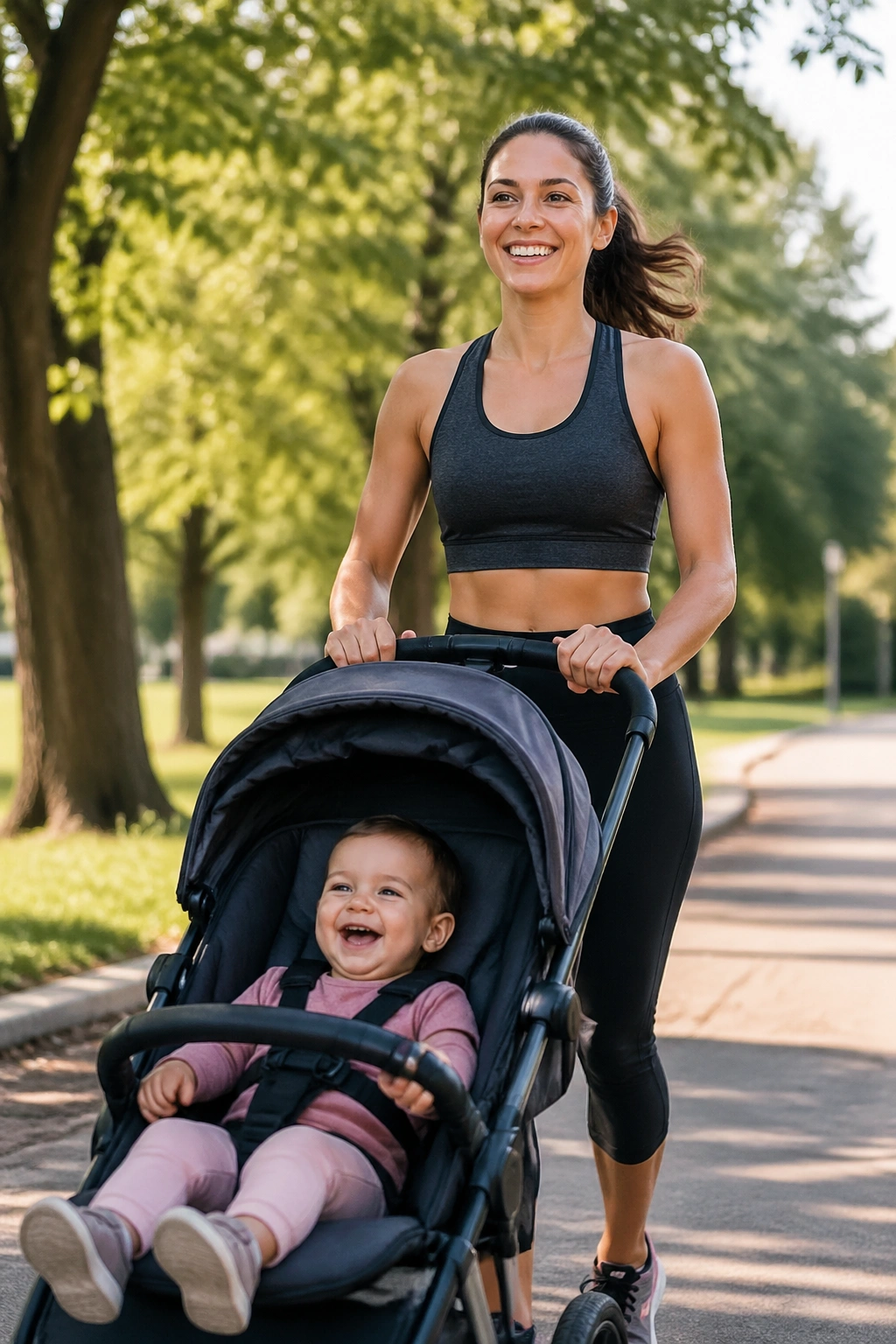 Medium close-up of a mother pushing a stroller outdoors on a sunny path