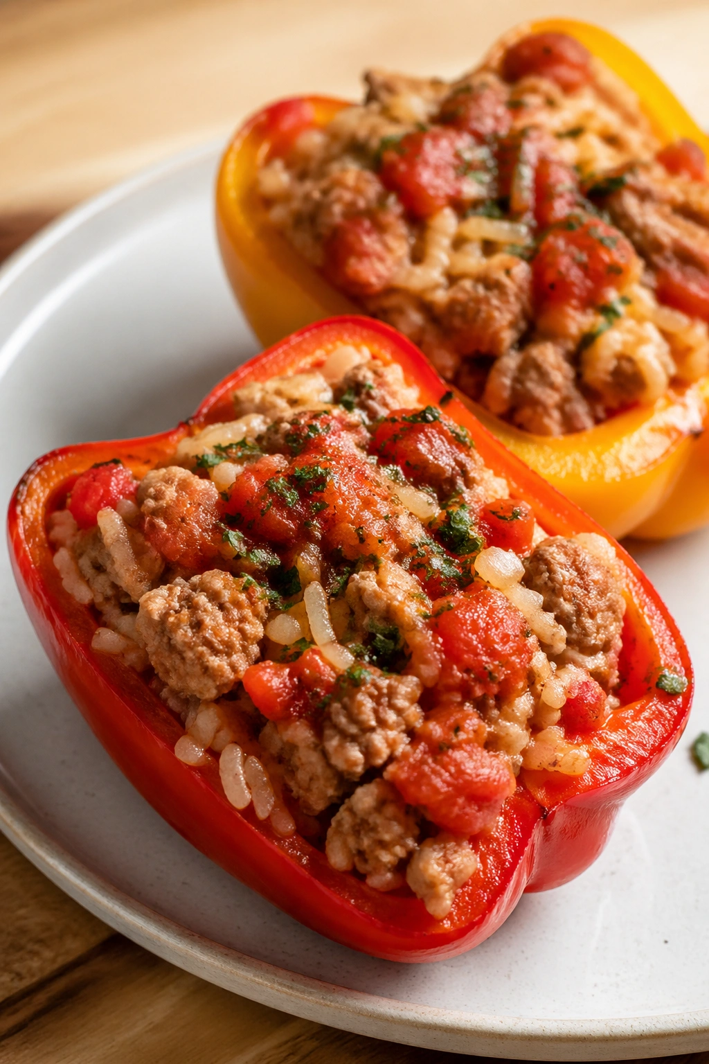 Close-up of stuffed bell peppers with lean turkey and rice on a plate.