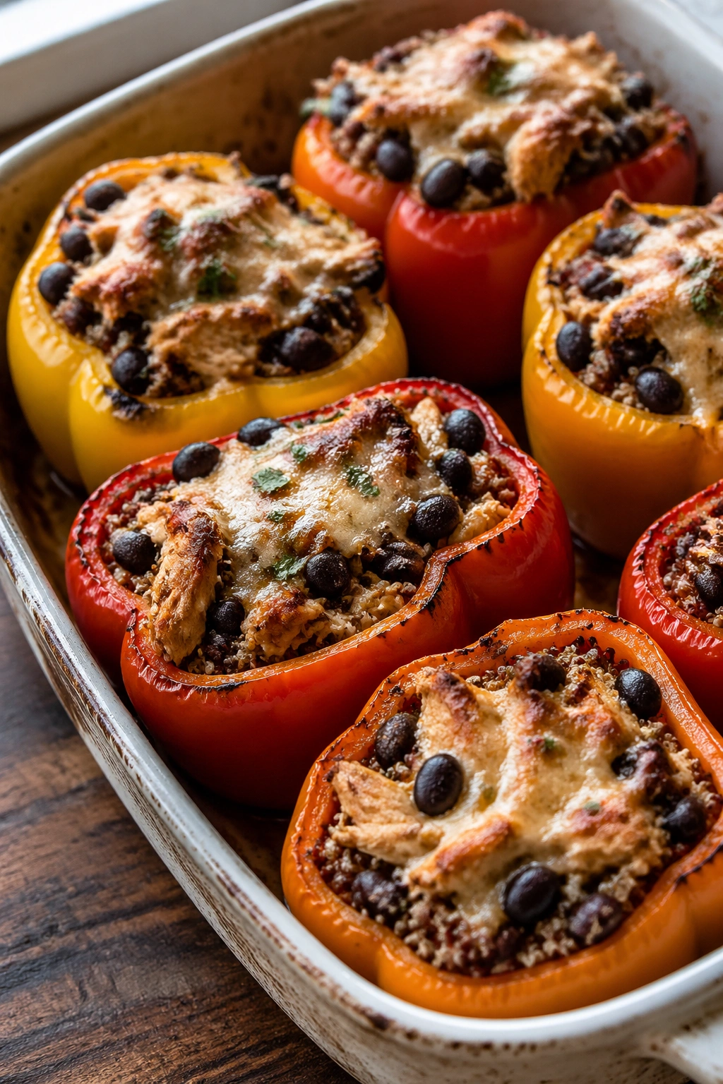 Close-up of stuffed peppers filled with black beans, quinoa, and chicken in a baking dish