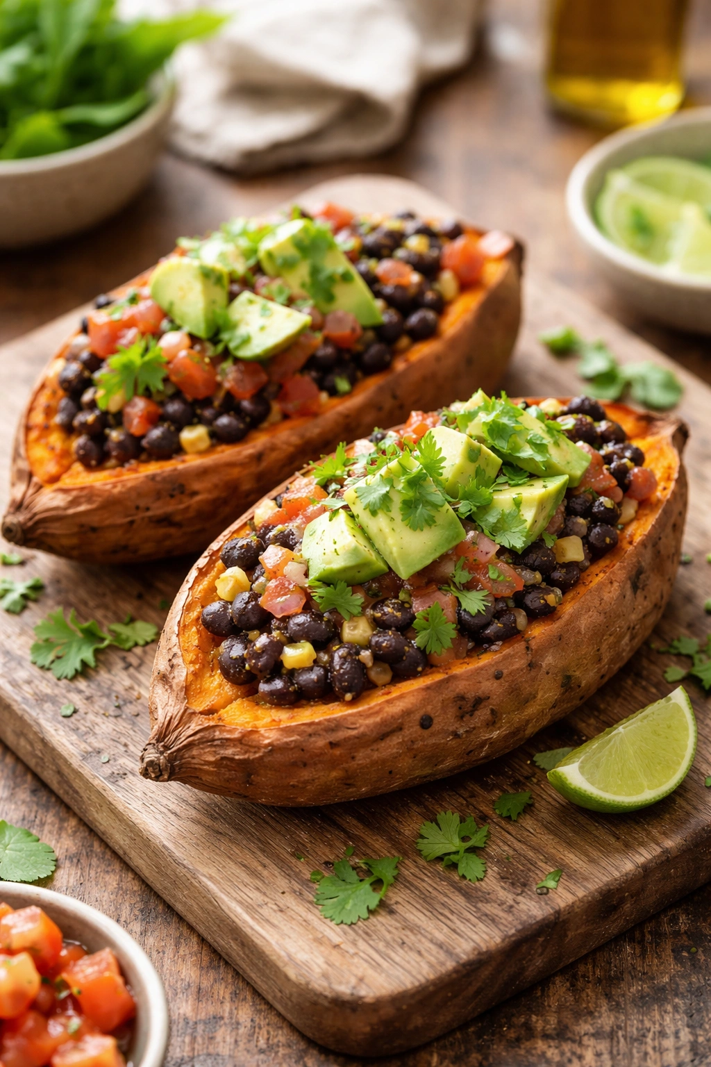 Halved stuffed sweet potato filled with black beans and avocado