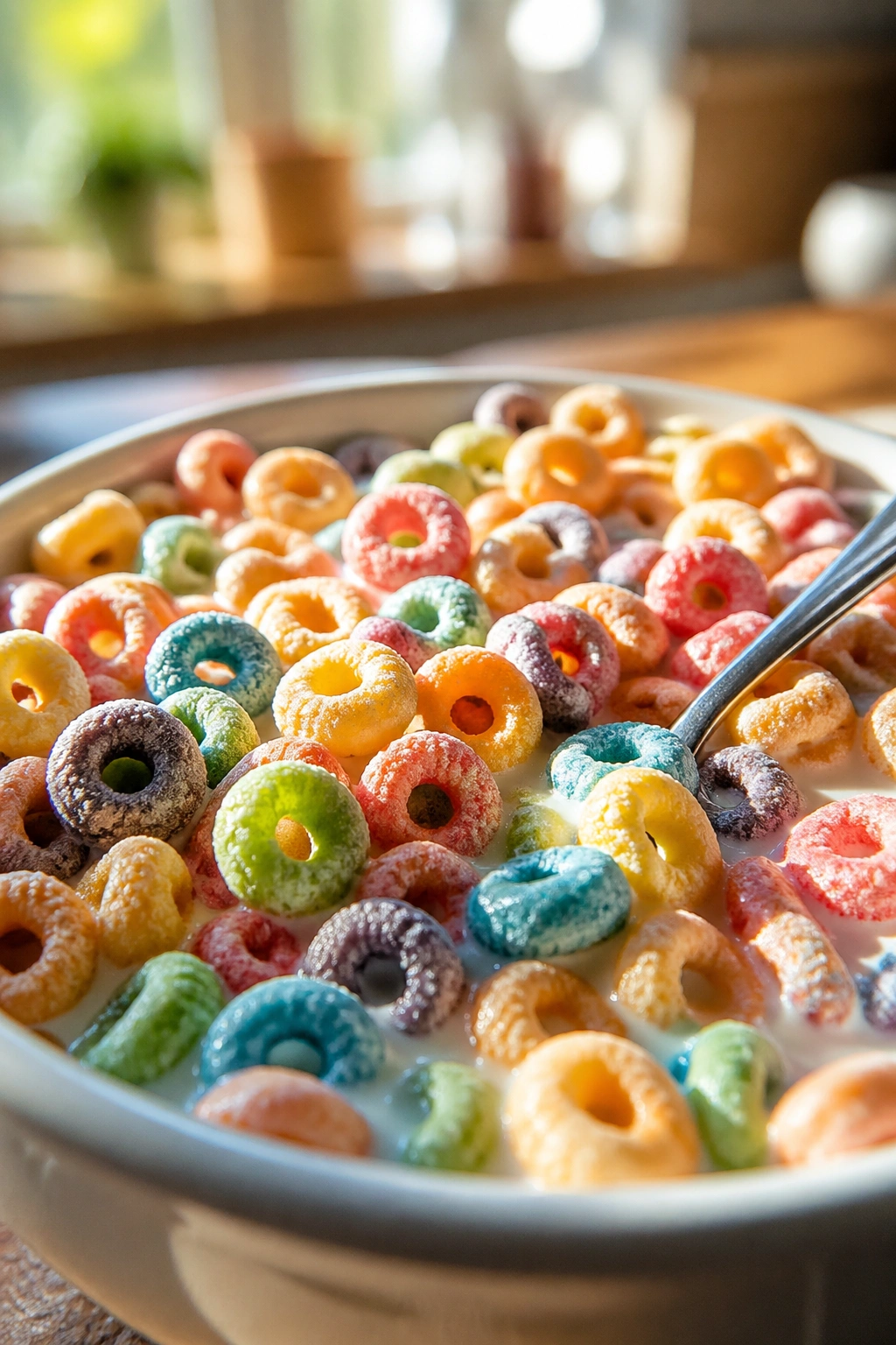 Close-up of a bowl of sugary breakfast cereal with milk in a sunny kitchen