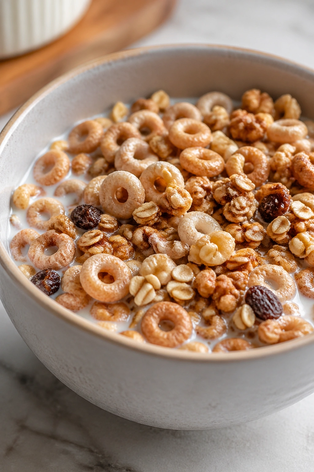 Bowl of sugary breakfast cereal close-up on a kitchen counter