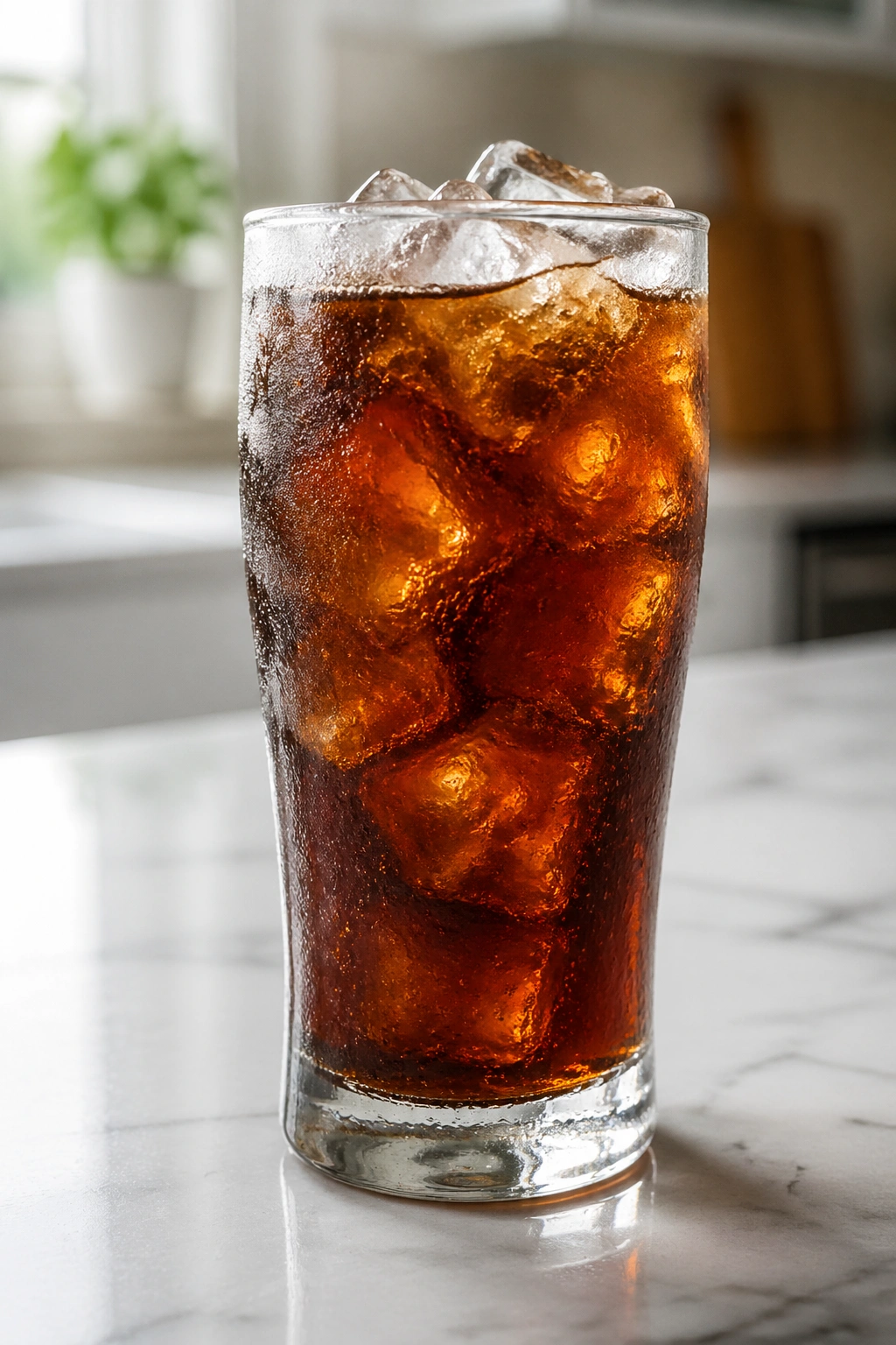 Close-up of a glass with a sugary beverage on a kitchen counter