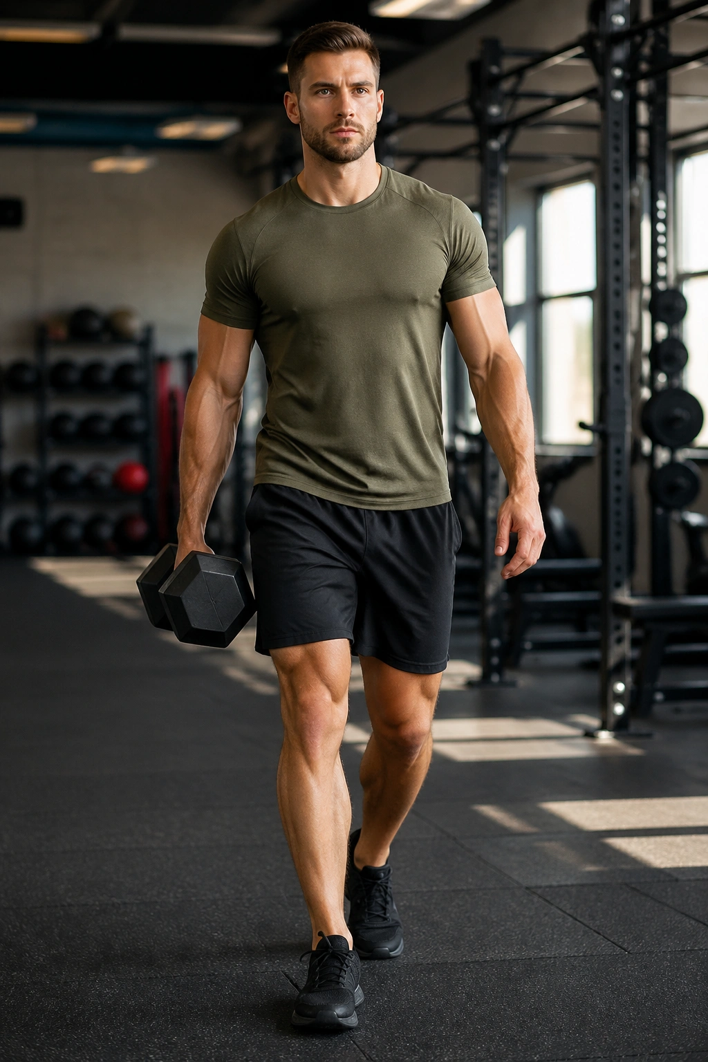 Medium shot of a person performing suitcase carry with a heavy weight at their side