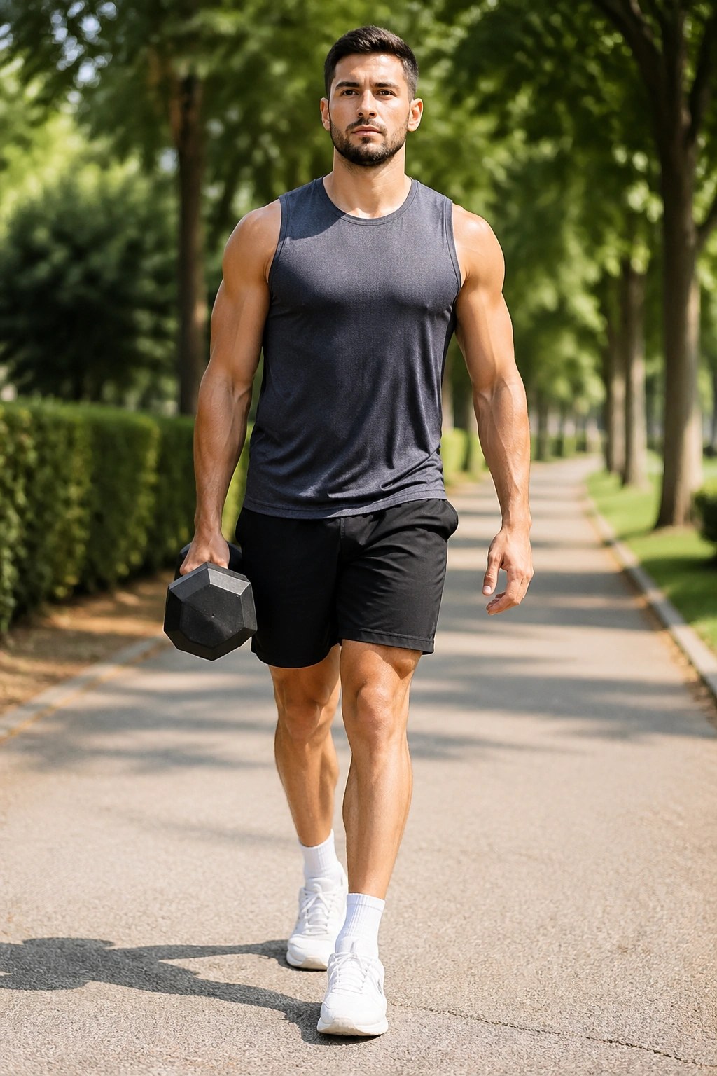 Full-body shot of a person performing a suitcase carry on a park path with one side-loaded dumbbell