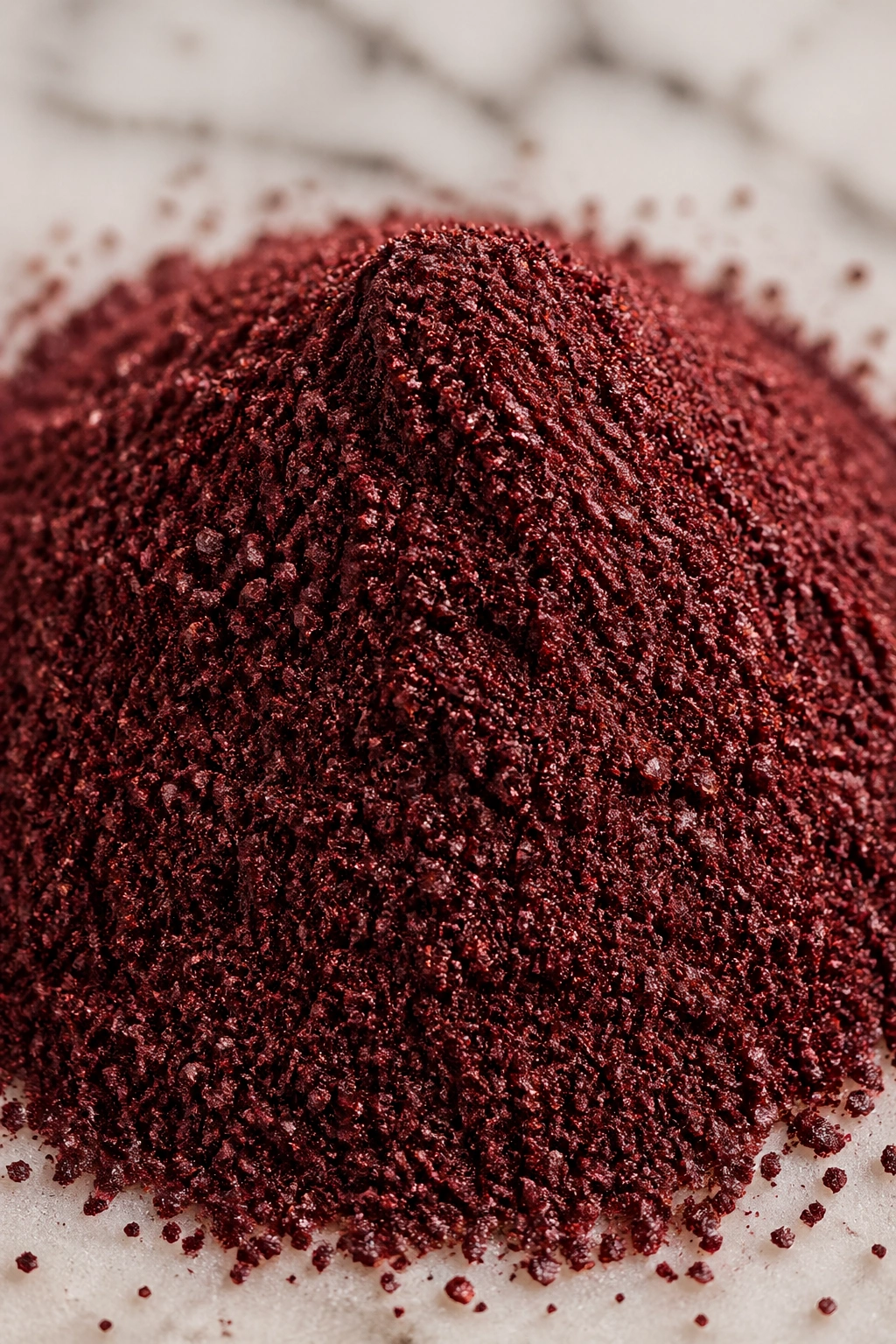 Close-up of sumac powder mound on marble countertop, burgundy spice