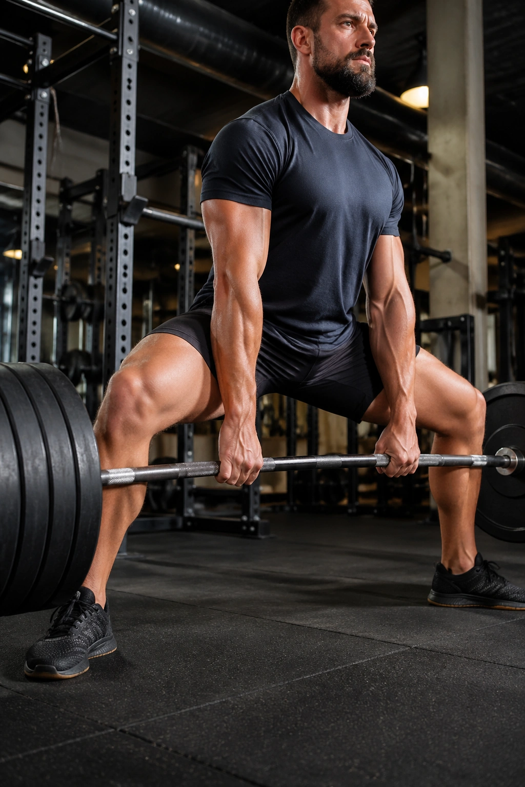 Mid-torso view of a real person performing a sumo deadlift in a gym