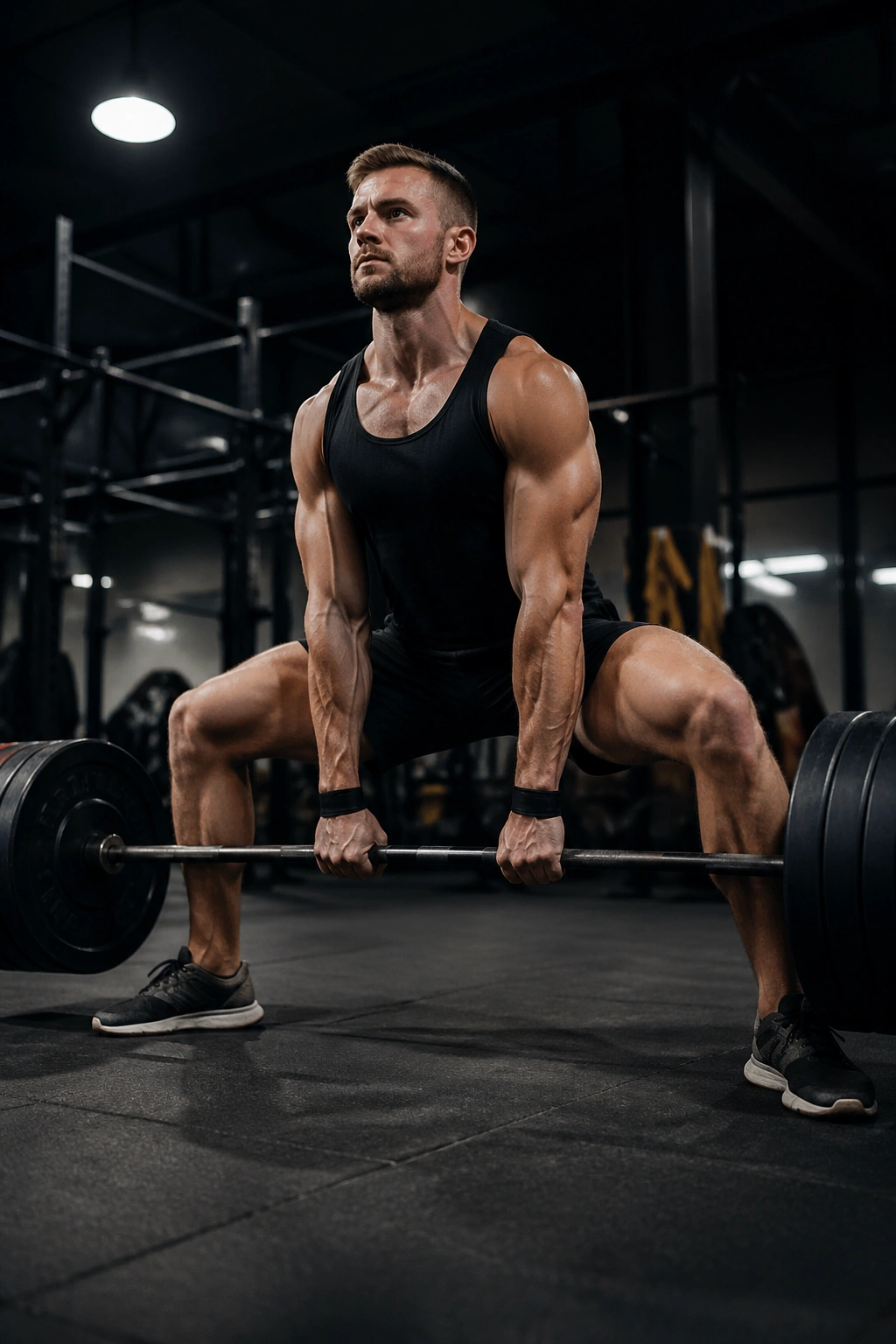 Lifter gripping barbell in sumo deadlift stance