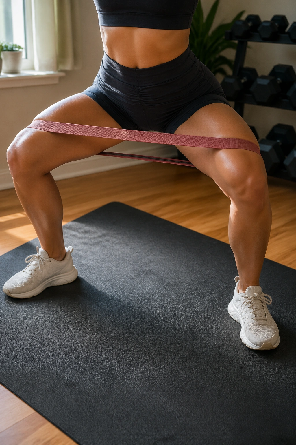 Lower body in a sumo squat with outward knee pressure against a band in a home gym