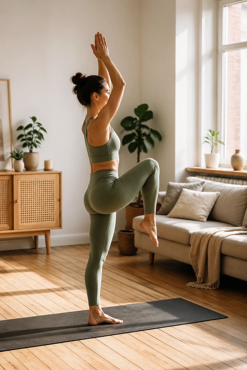 Person performing knee-drive during sun salutation in a sunlit living room