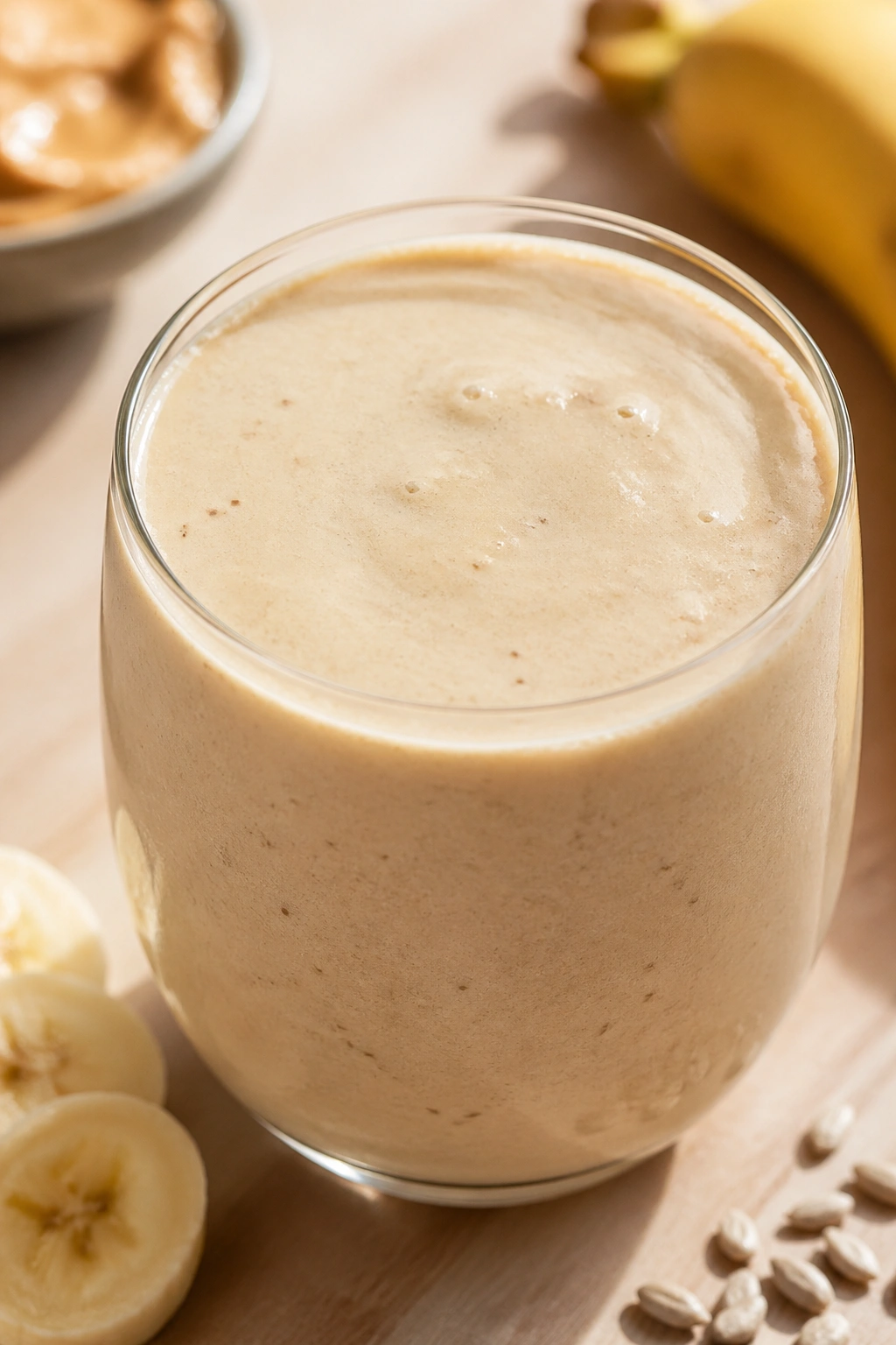 Close-up of Creamy Sunbutter and Banana smoothie in a glass on a wooden surface.