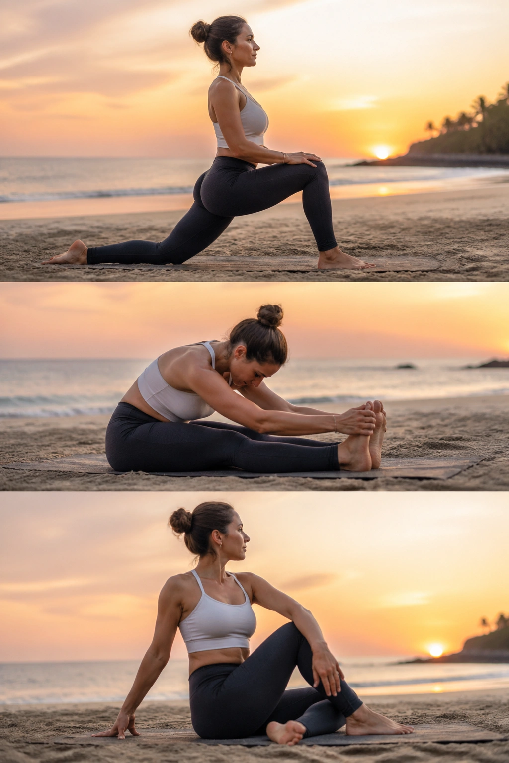 Person performing sunset cool-down stretches on a beach