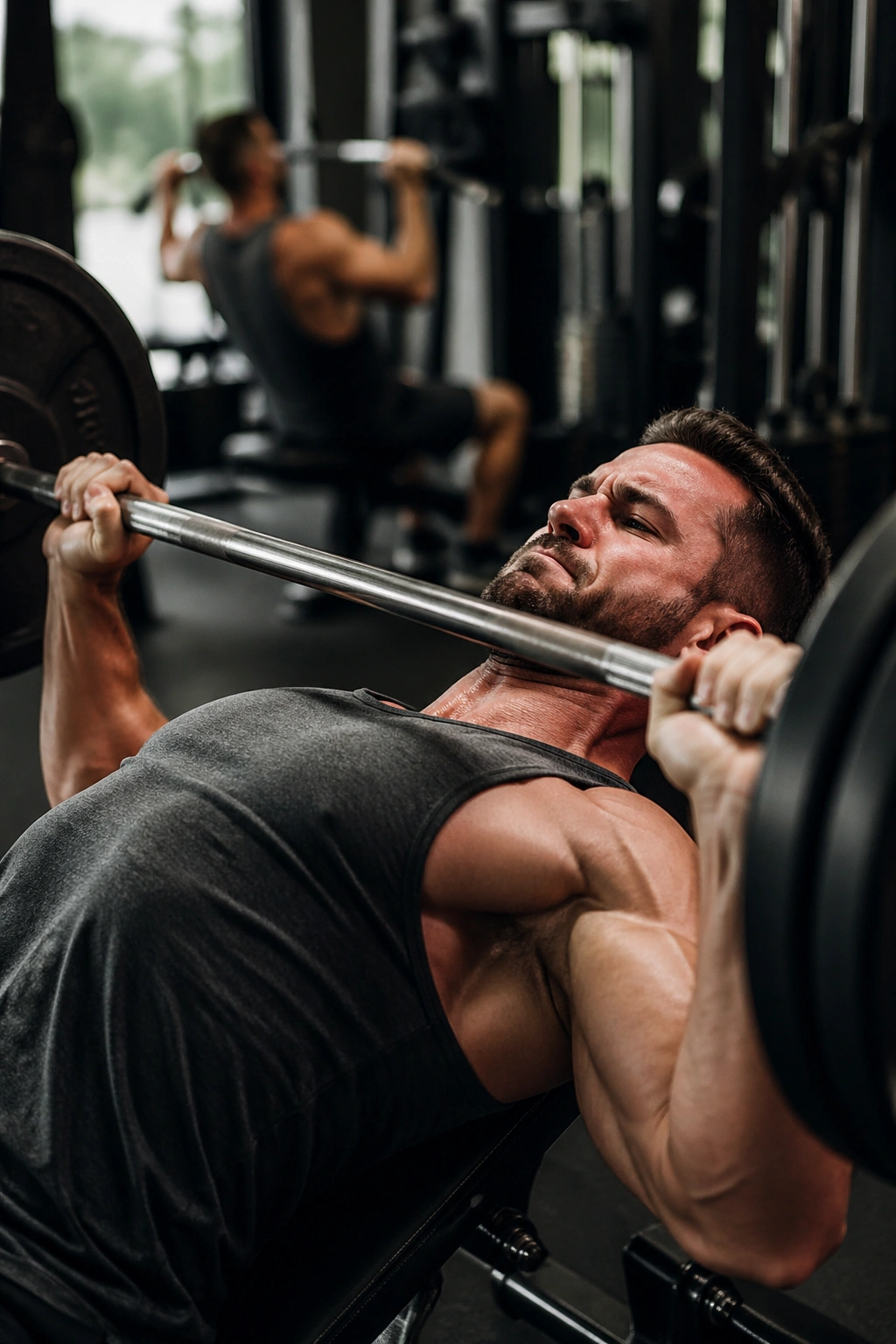 Lifter performing a bench press as part of a superset in a gym