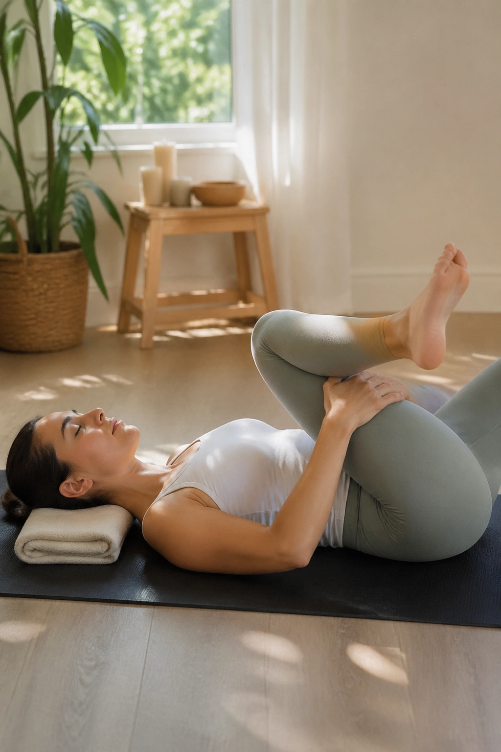 Real person in supine figure-four stretch on yoga mat