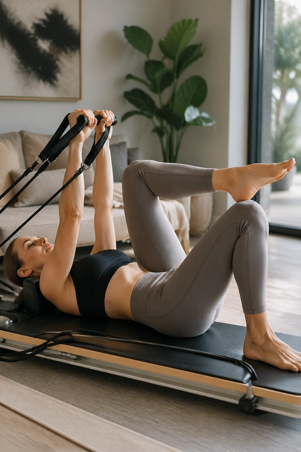 Supine march with handle press on Pilates board