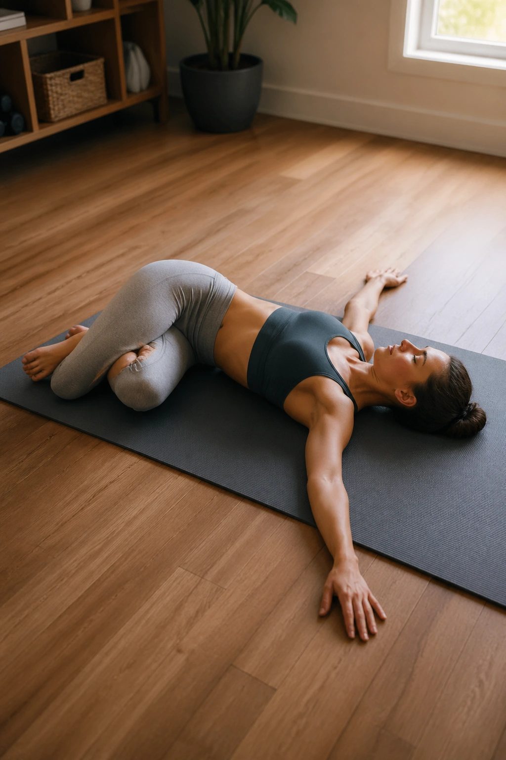 Person performing supine spinal twist on a yoga mat with knee across body.