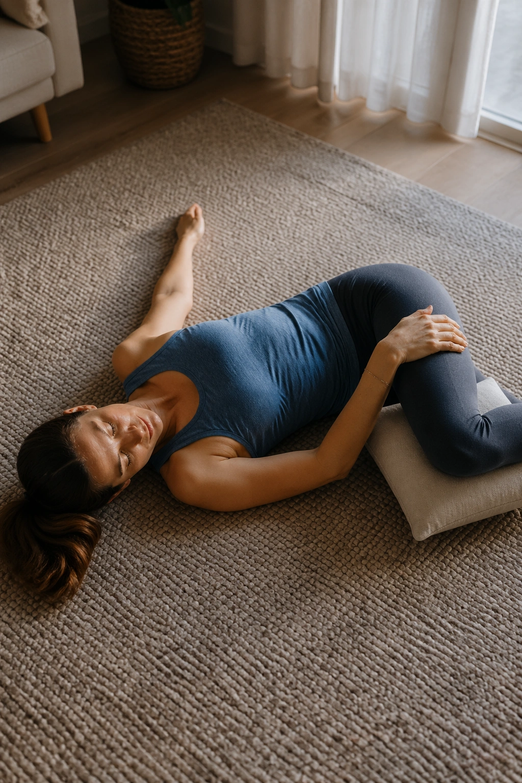 Person lying on back with knee across body in a spinal twist