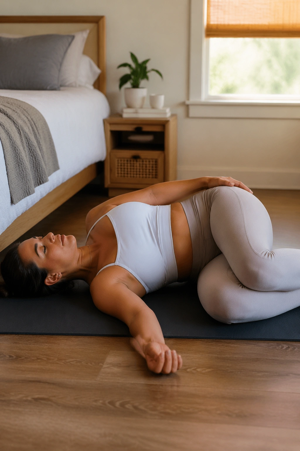 Person in supine twist releasing lower back in a peaceful bedroom.