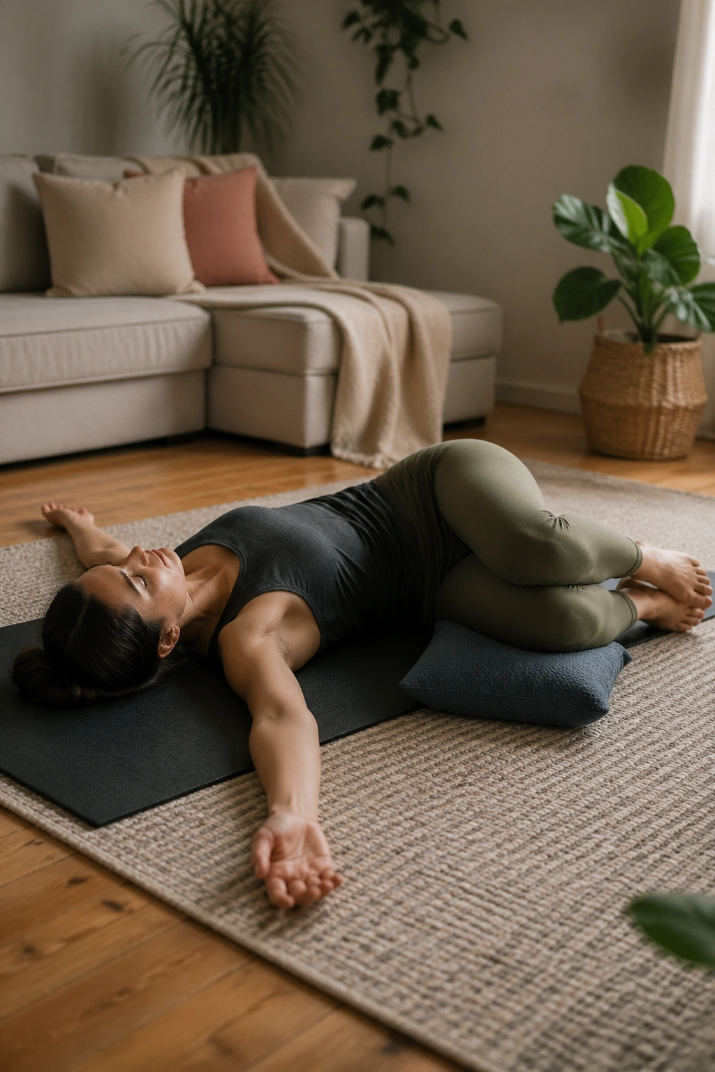 Medium-close shot of a person on a mat performing supine spinal twist with knees to chest and arms in a T shape.