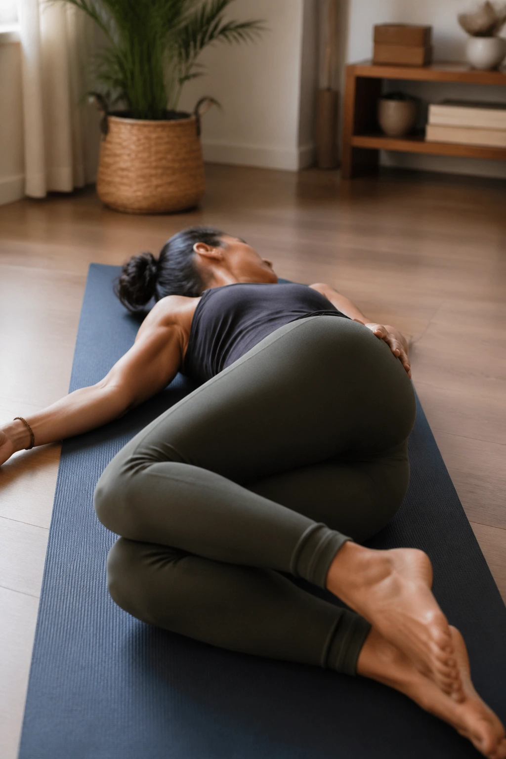 Supine Twist: person on back with knee across body