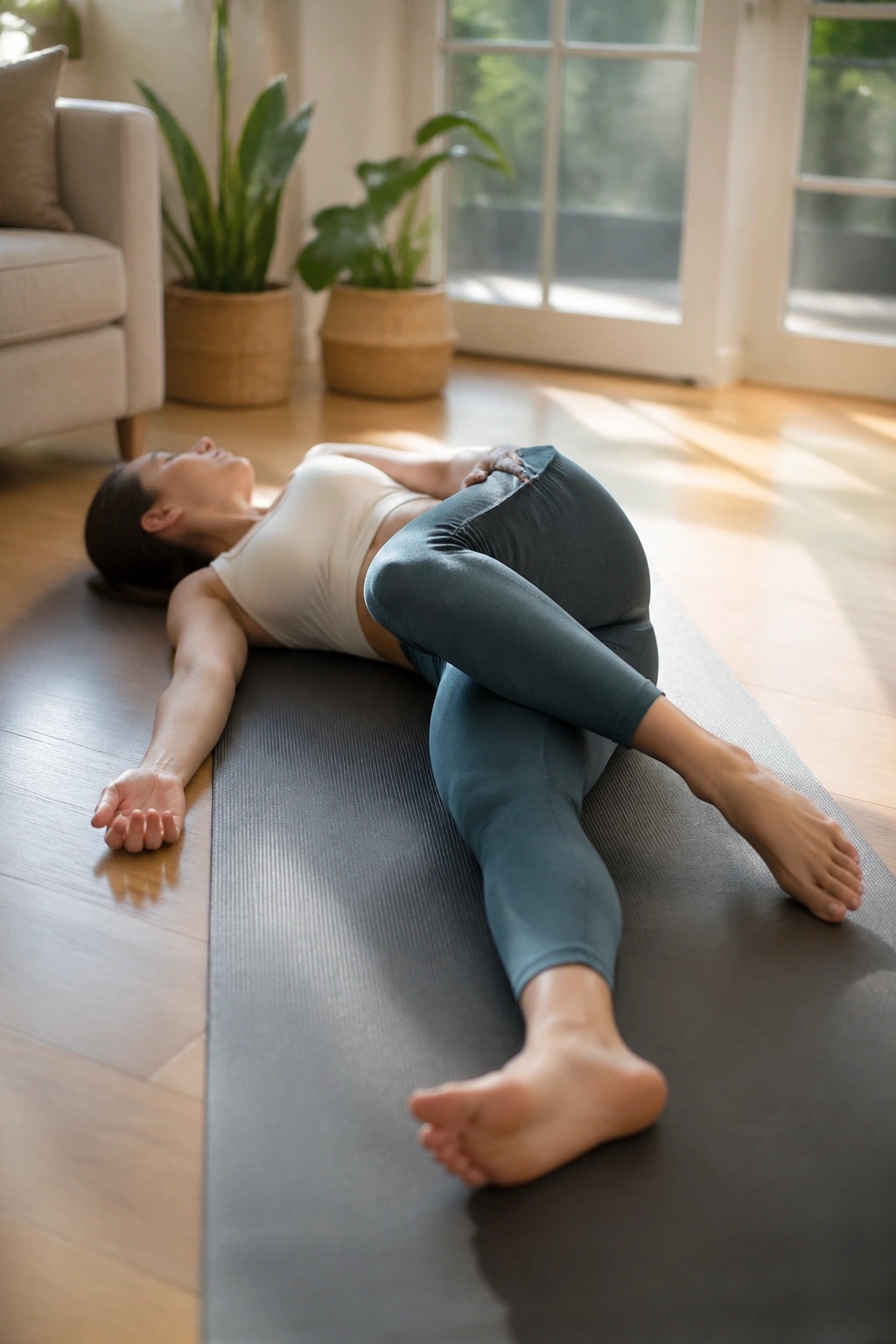 Medium close-up of a person in Supine Twist on a yoga mat indoors