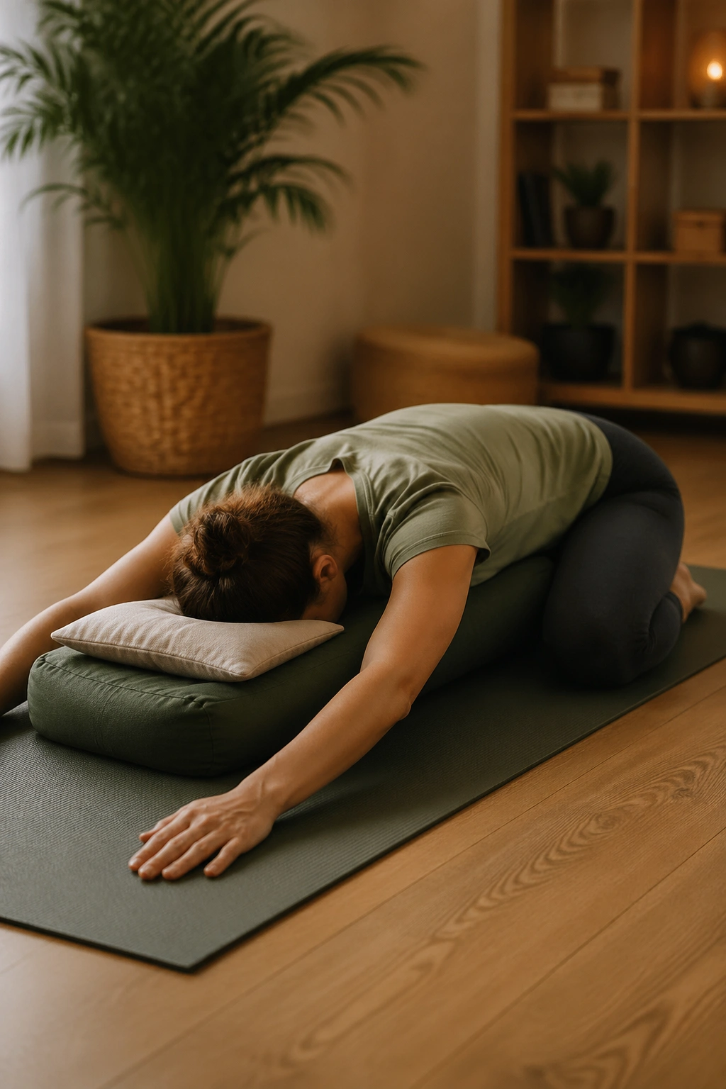 Real person in Supported Child's Pose with bolster and forehead cushion in a calm living room