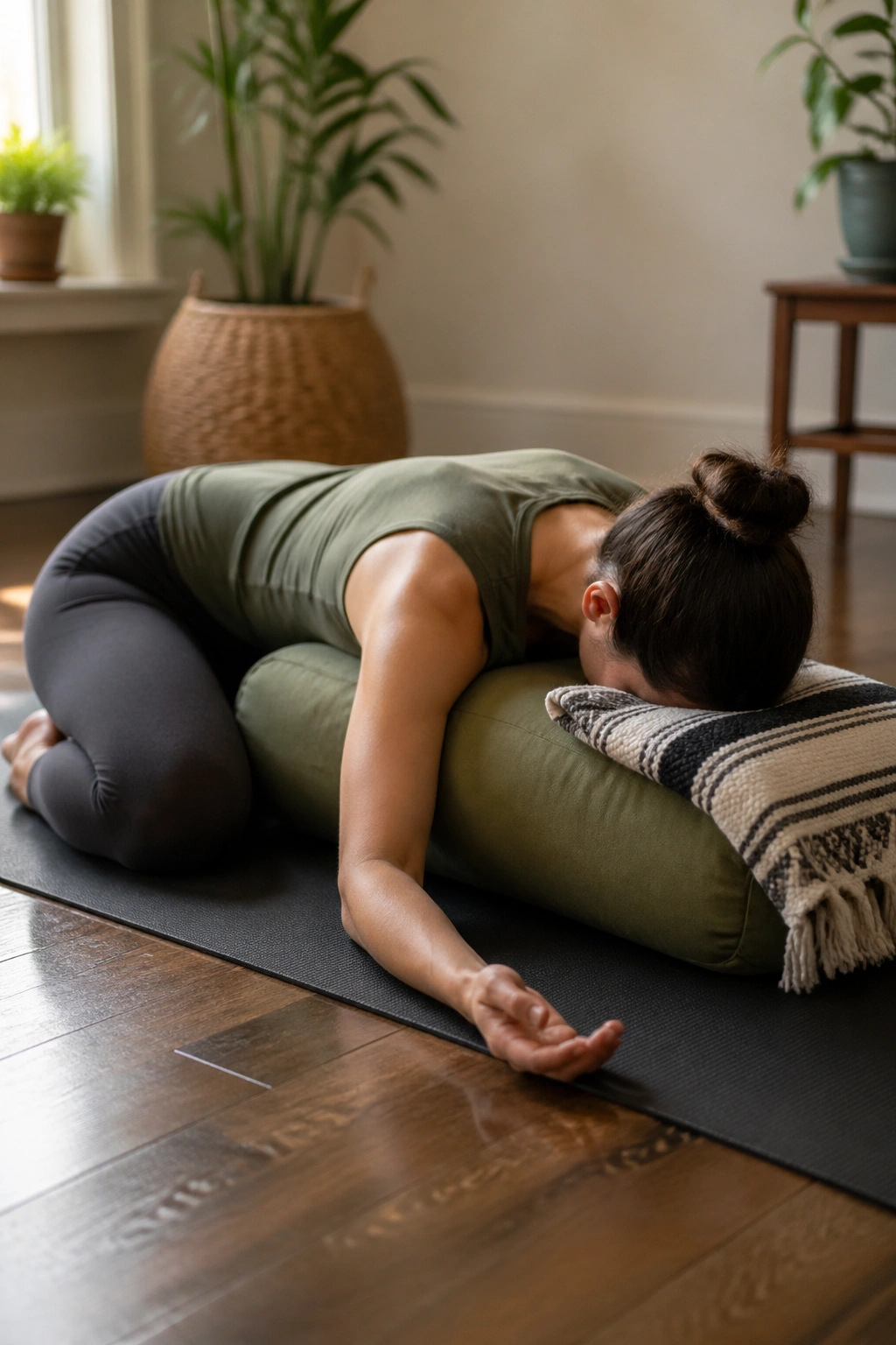 Person in Supported Child’s Pose with bolster and blanket support