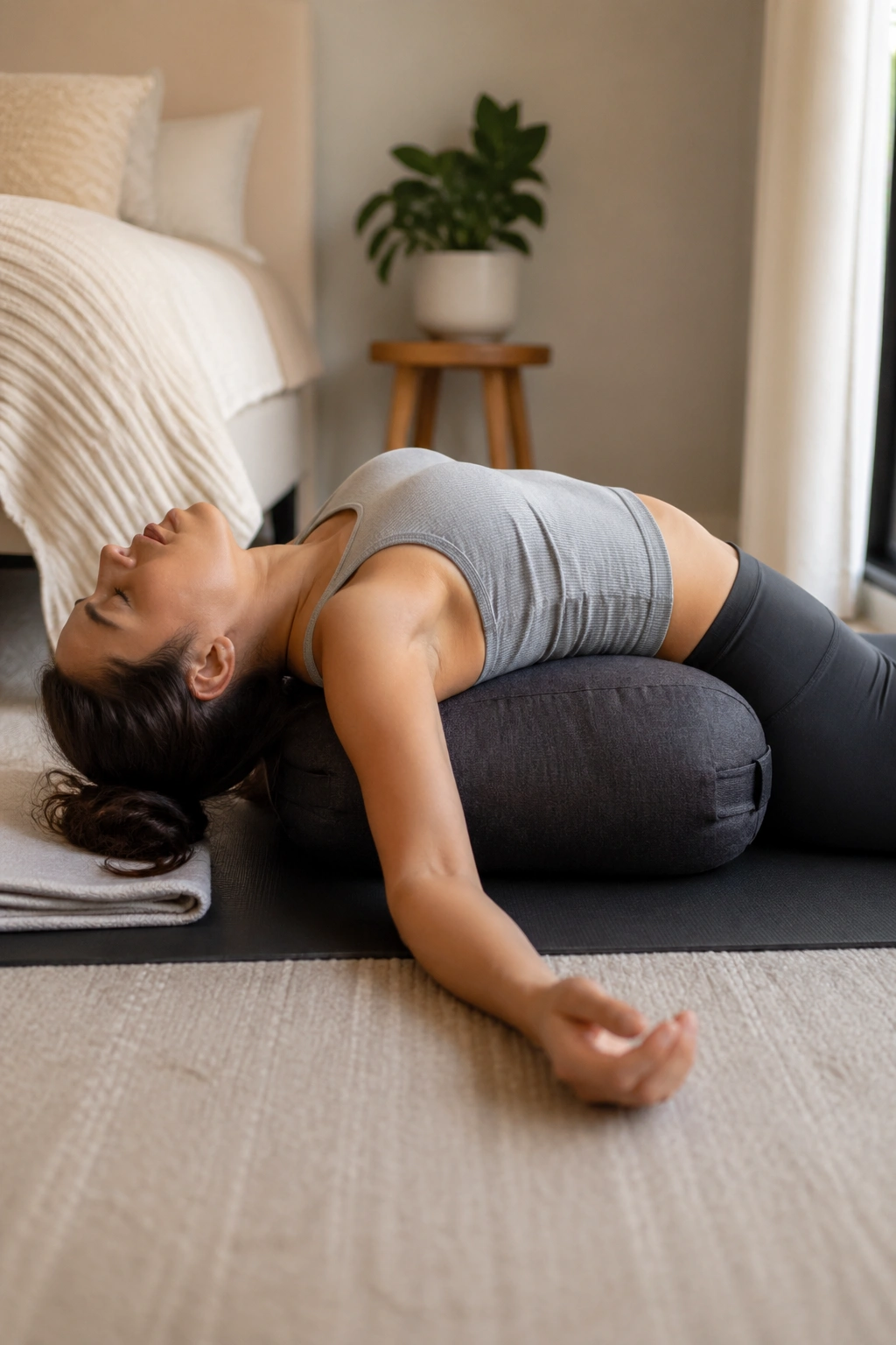 Person in supported fish pose with a bolster under upper back on a yoga mat