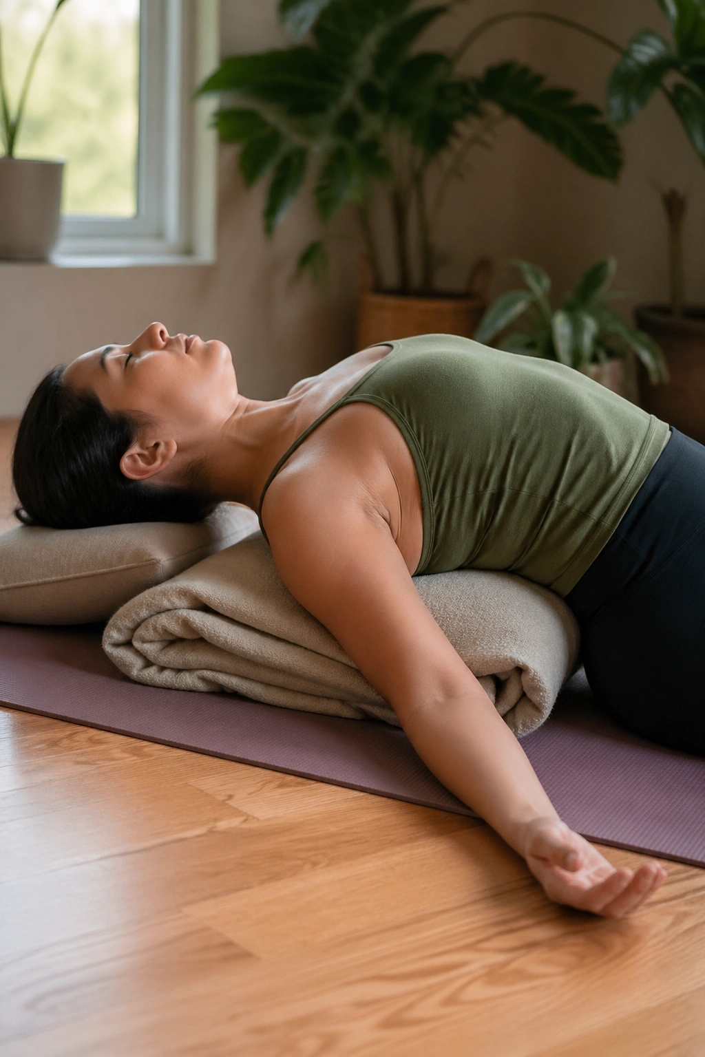 Close-up of a person in supported fish pose with blanket under shoulders in a cozy home yoga space