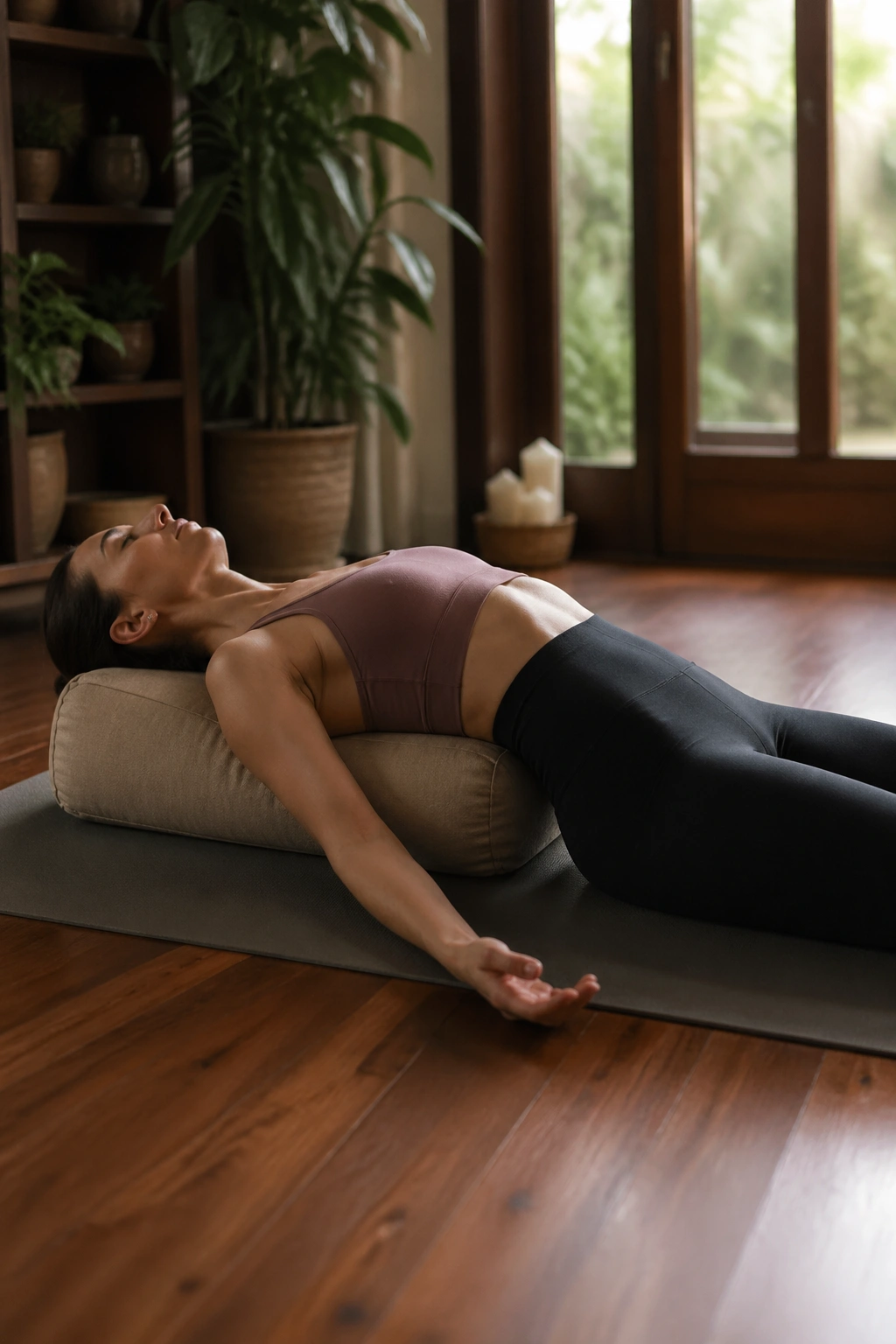 Real person in Supported Fish Pose on a bolster with chest opening