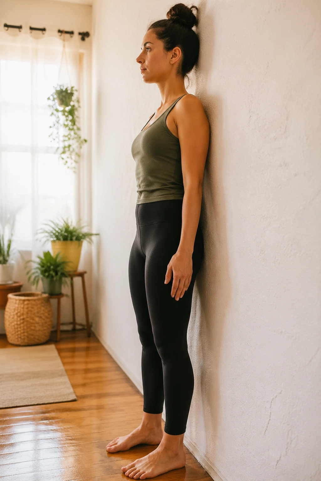 Real person practicing Supported Mountain Pose Against a Wall with light contact for balance