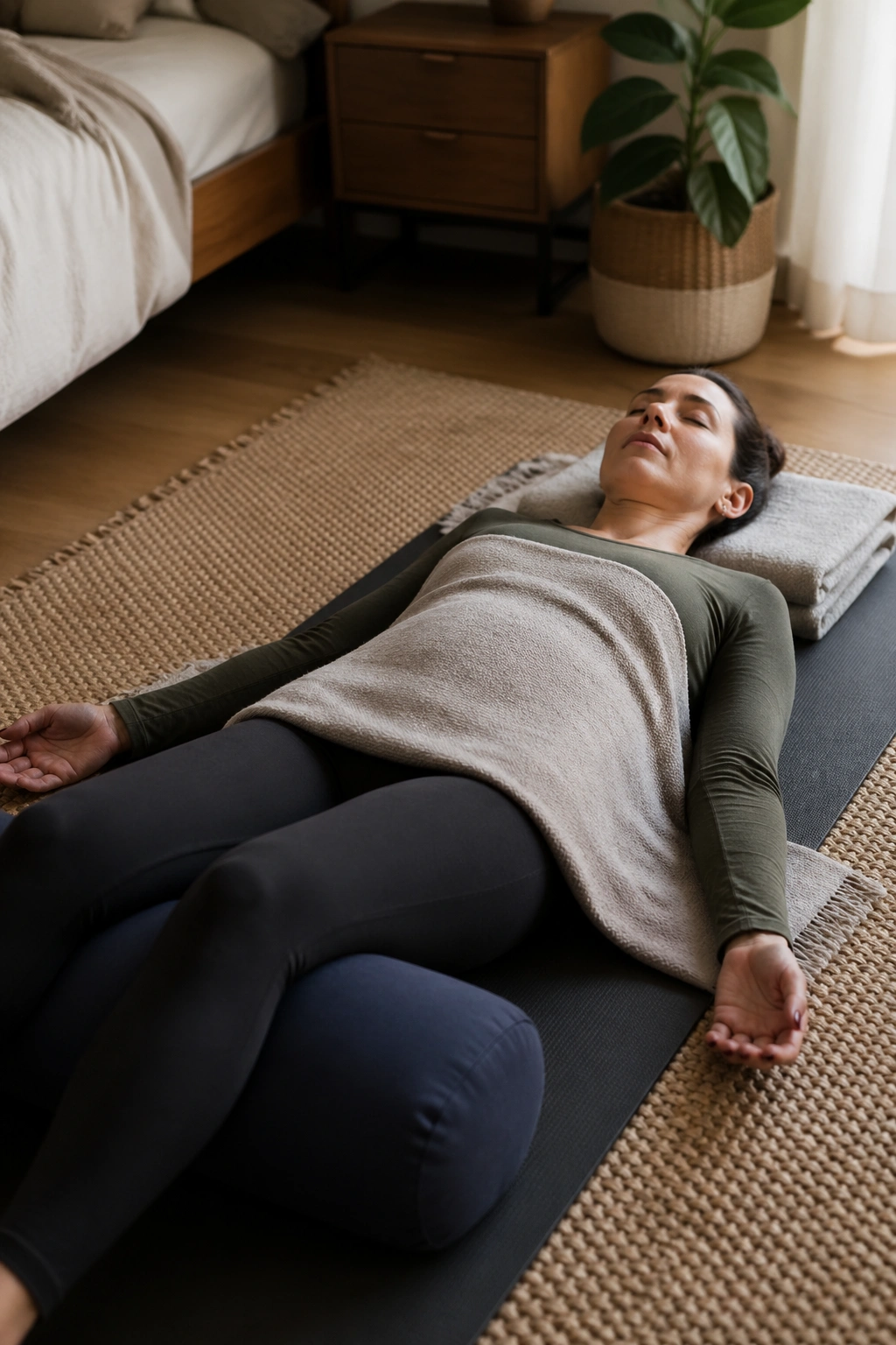 Real person in supported savasana with bolster under knees in a softly lit bedroom