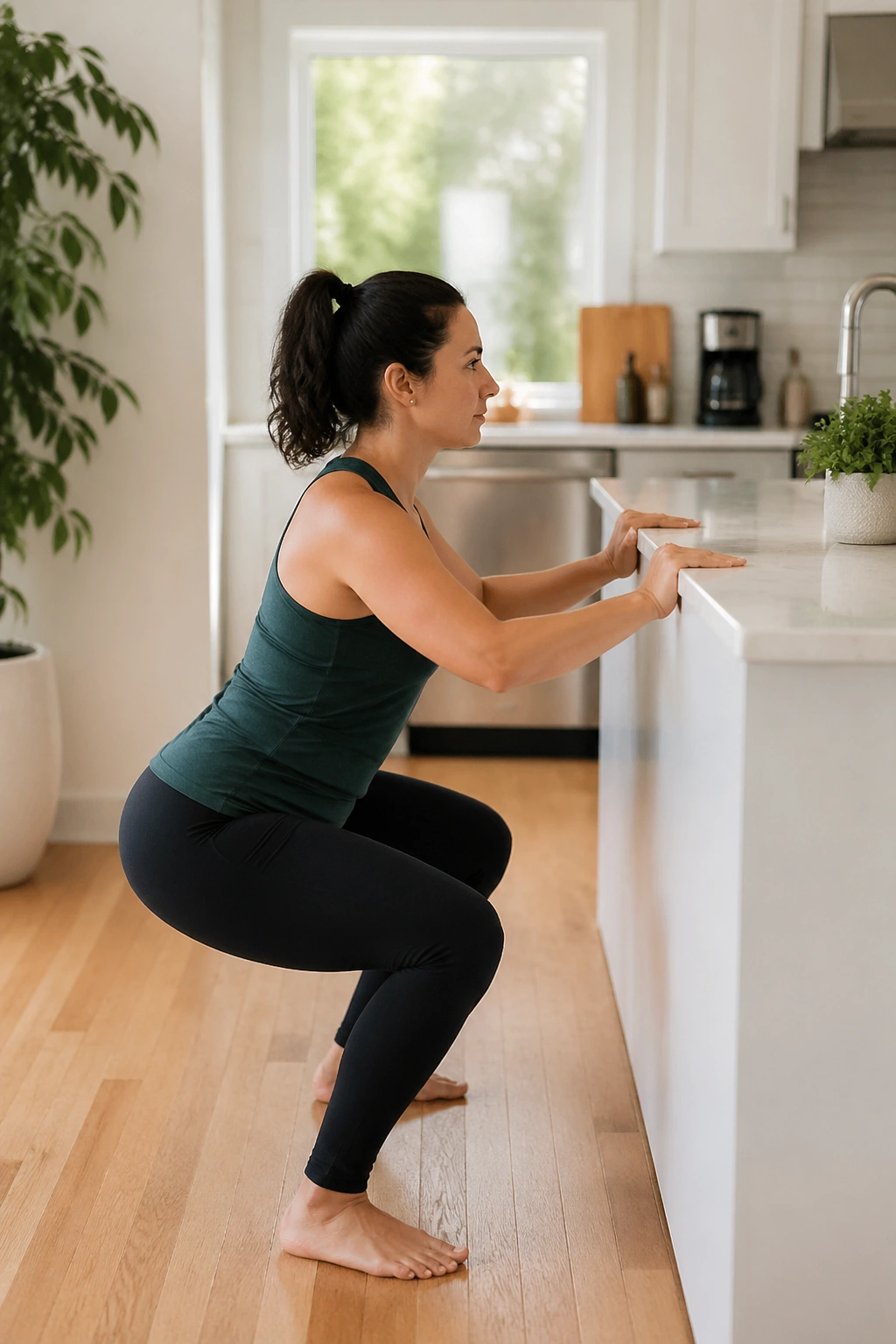 Supported bodyweight squats with counter support focusing on hips and legs.