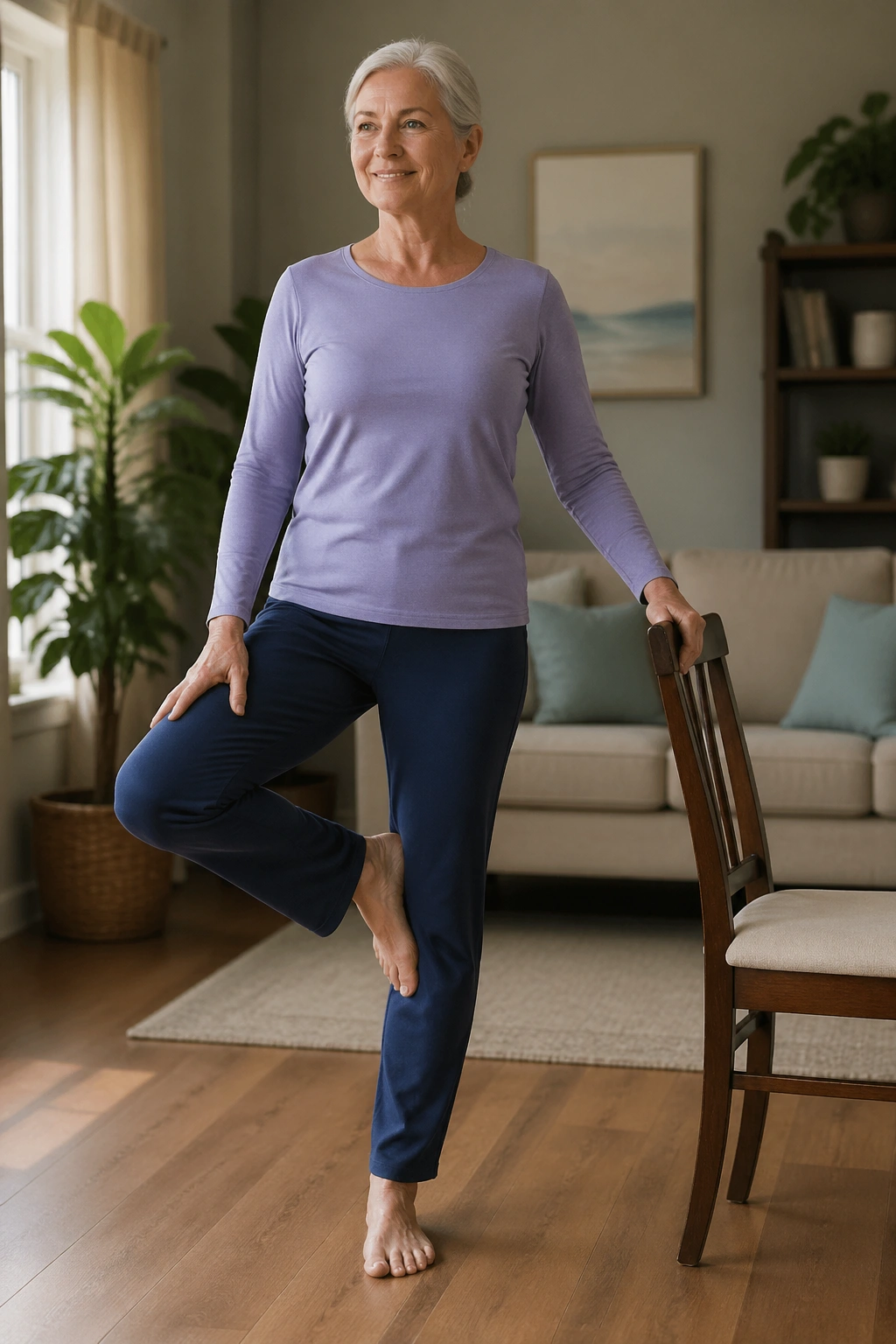 Mid-shot of a person in Supported Tree Pose using a chair for balance