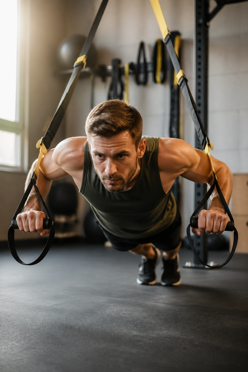 Athlete performing suspended push-up using TRX in a gym