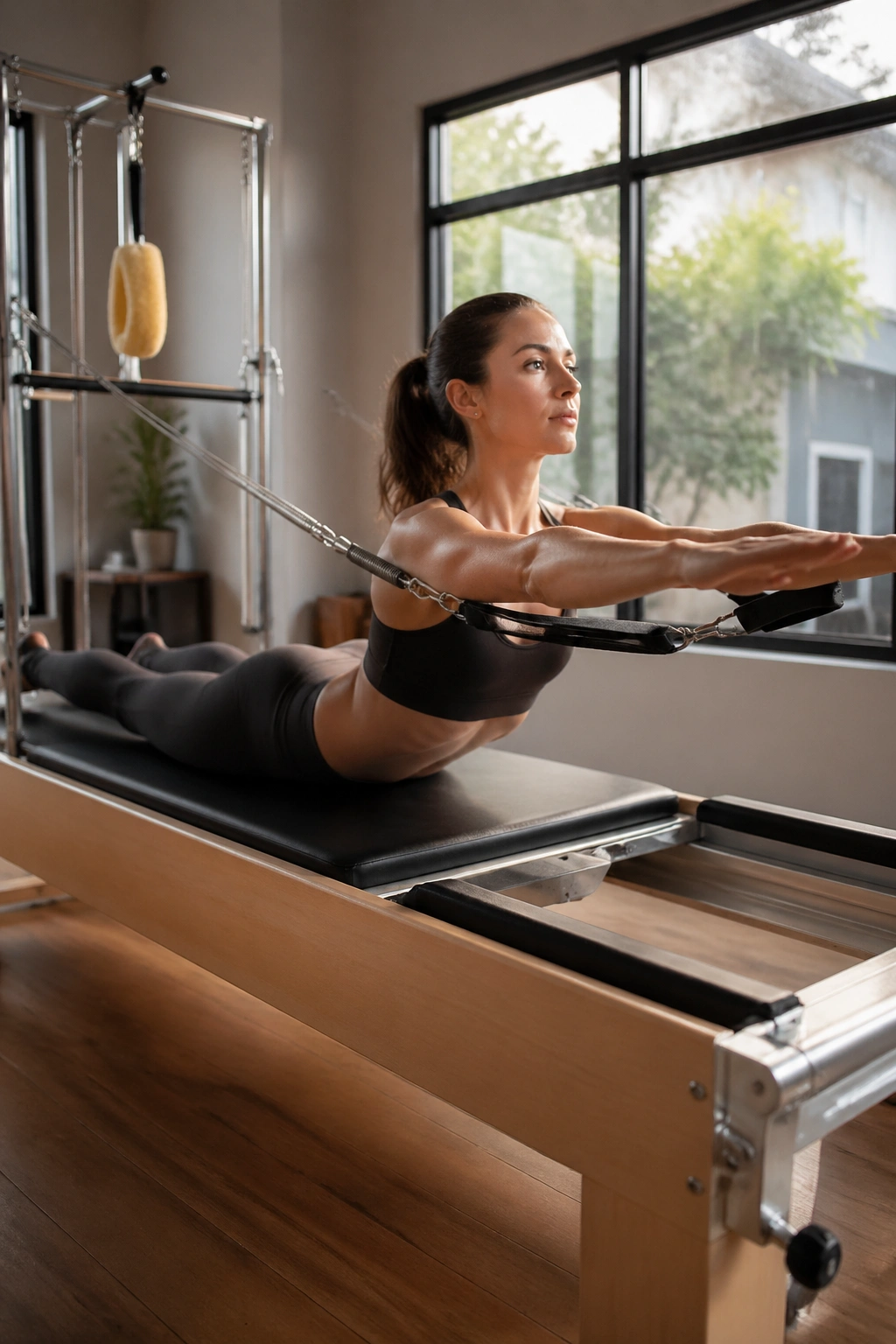 Close-up of person performing Swan on the Cadillac with chest lifted