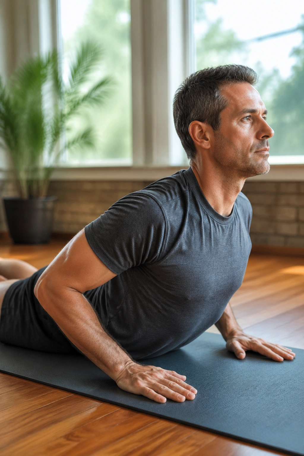 Real person performing Swan Prep on a mat, chest lifted with upper back engaged