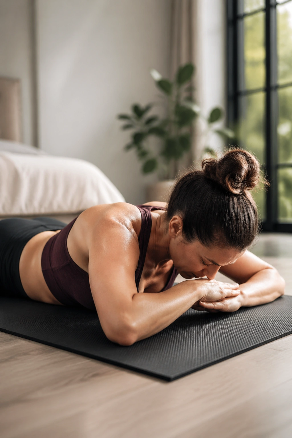 Close-up of a person performing Swan Prep extension with chest lift and neck long on a mat.