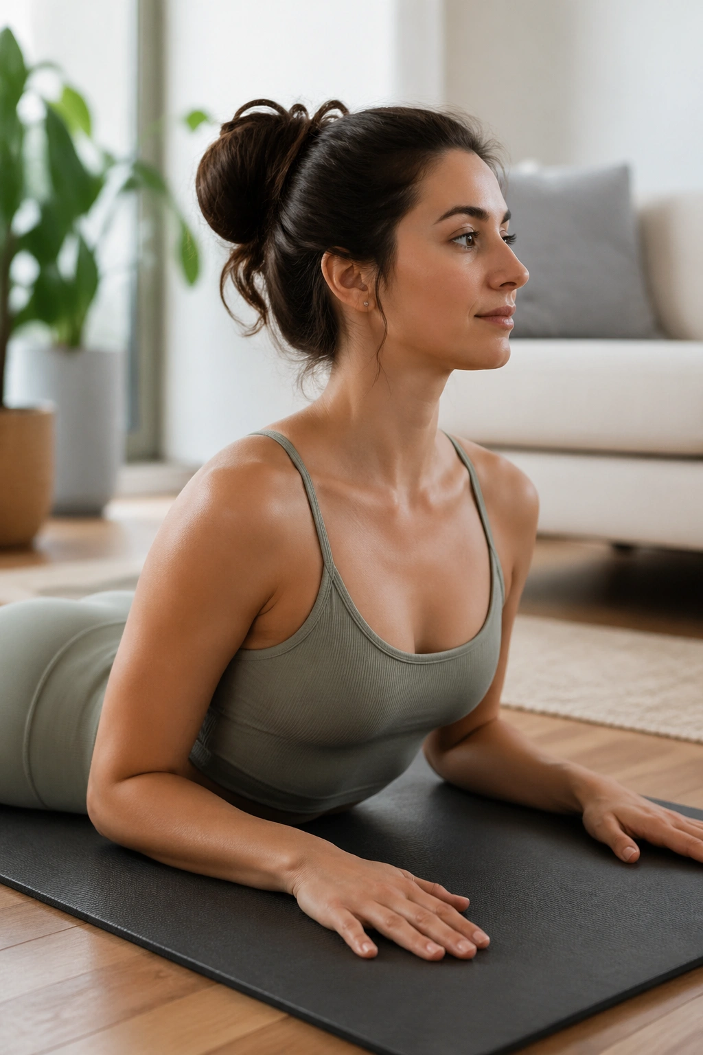 Person performing Swan Prep with gentle chest lift in a home setting.