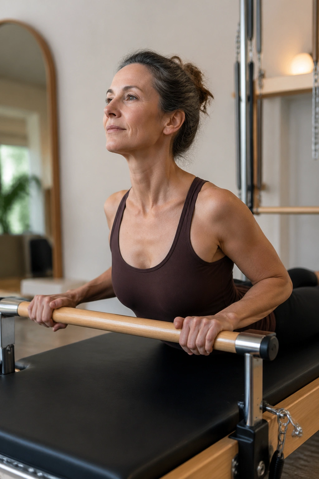 Close-up of a real woman performing Swan Prep with the Push-Through Bar