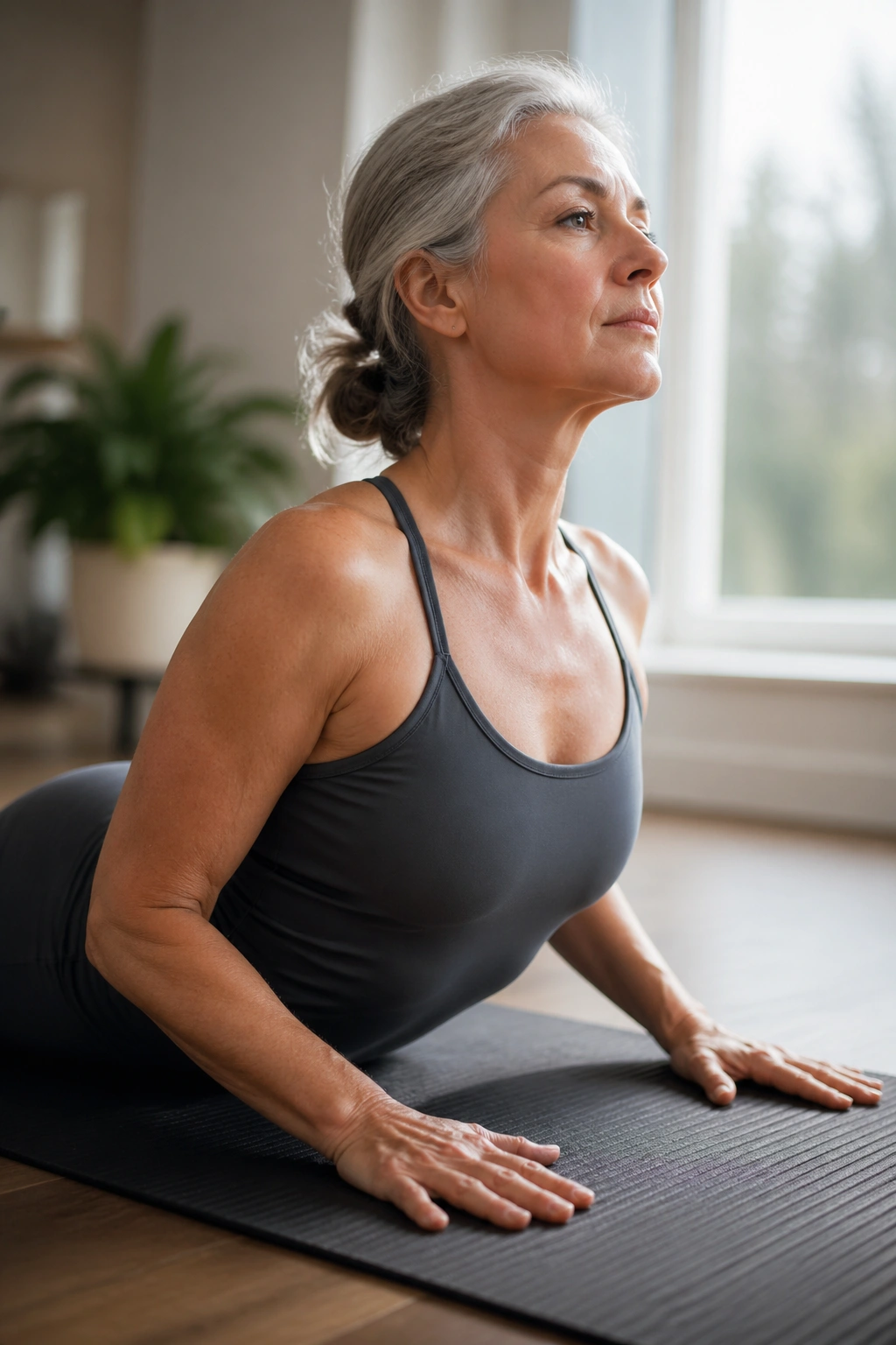 Woman in Swan Prep on a mat with chest lifted and neck long