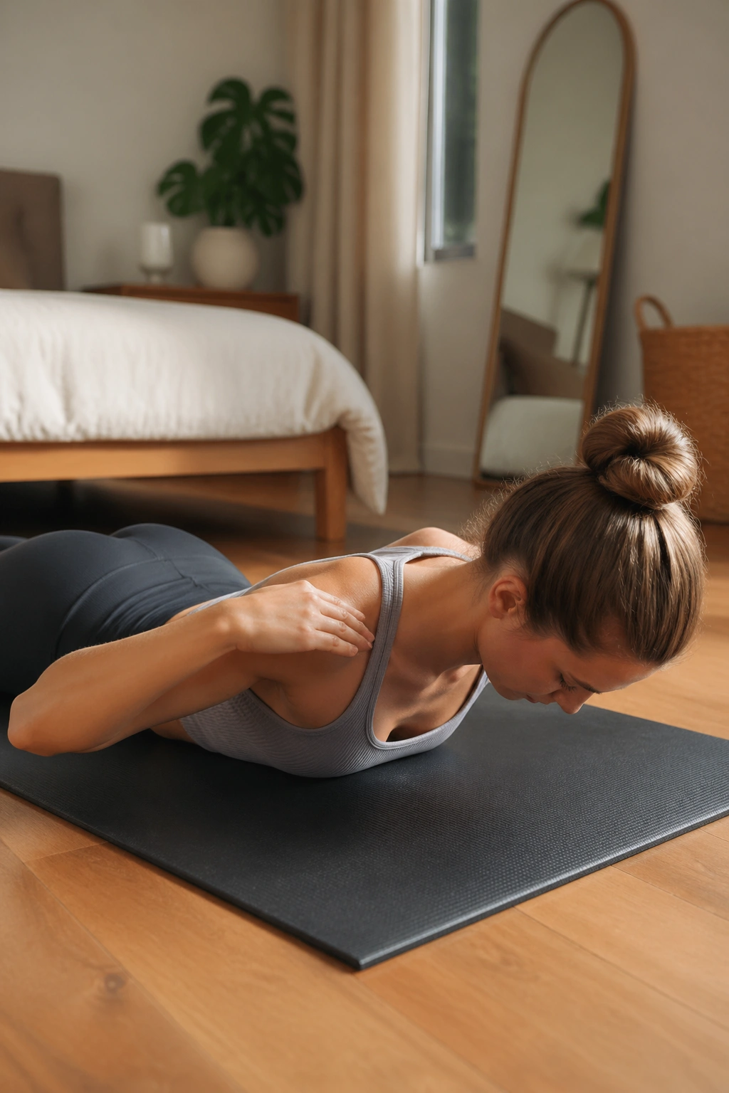 Close-up of a person in Swan Prep with chest lifted off the mat